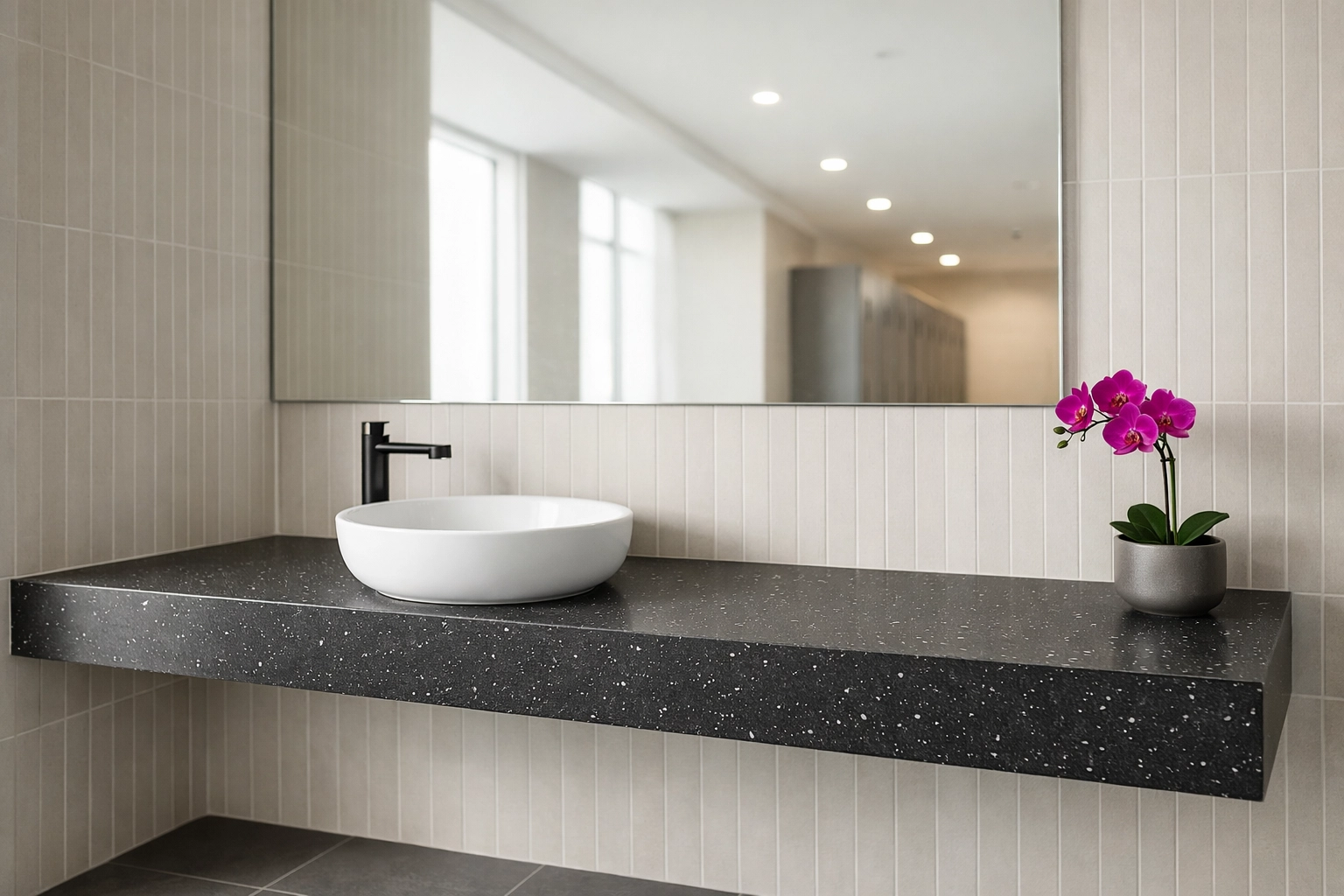 Modern commercial bathroom vanity featuring a moisture-resistant, recycled plastic benchtop.