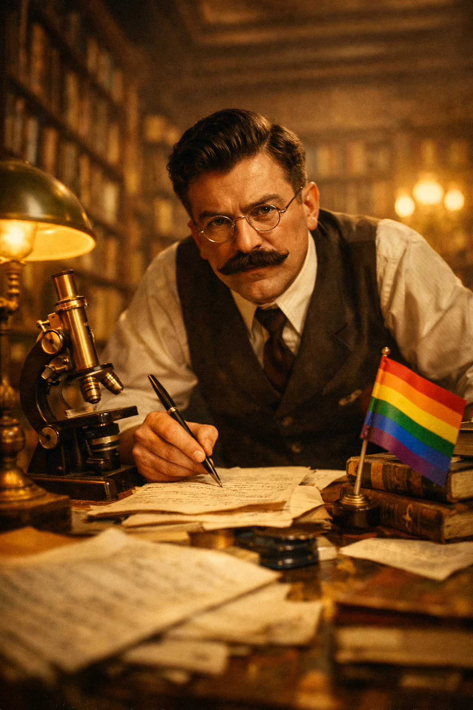 Magnus Hirschfeld in his 1920s Berlin study researching the science of LGBTQ+ identities.