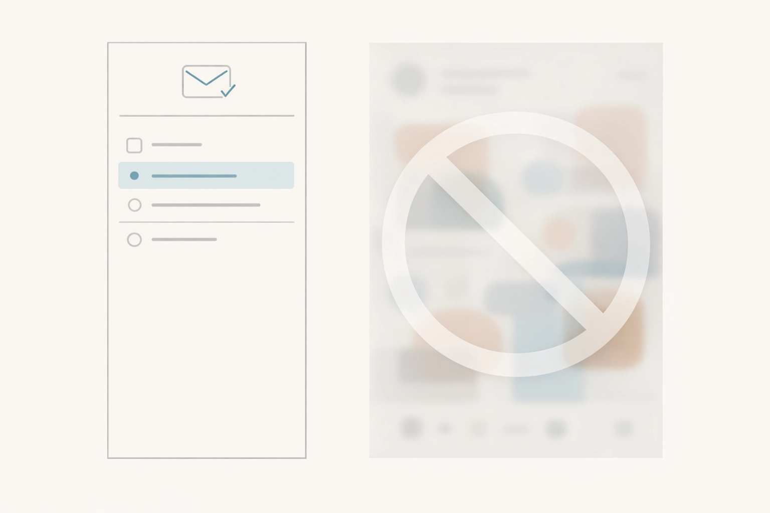 Minimalist visual illustrating an inbox workflow with the social feed blocked out