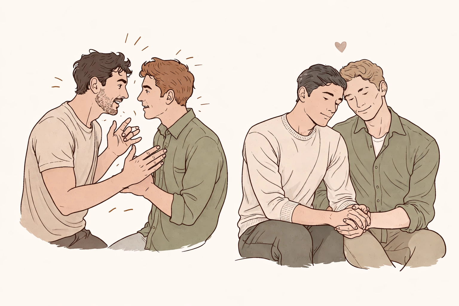 Two male couples side by side, one in a passionate embrace and the other in calm connection, illustrating contrasting love languages in the reality show.