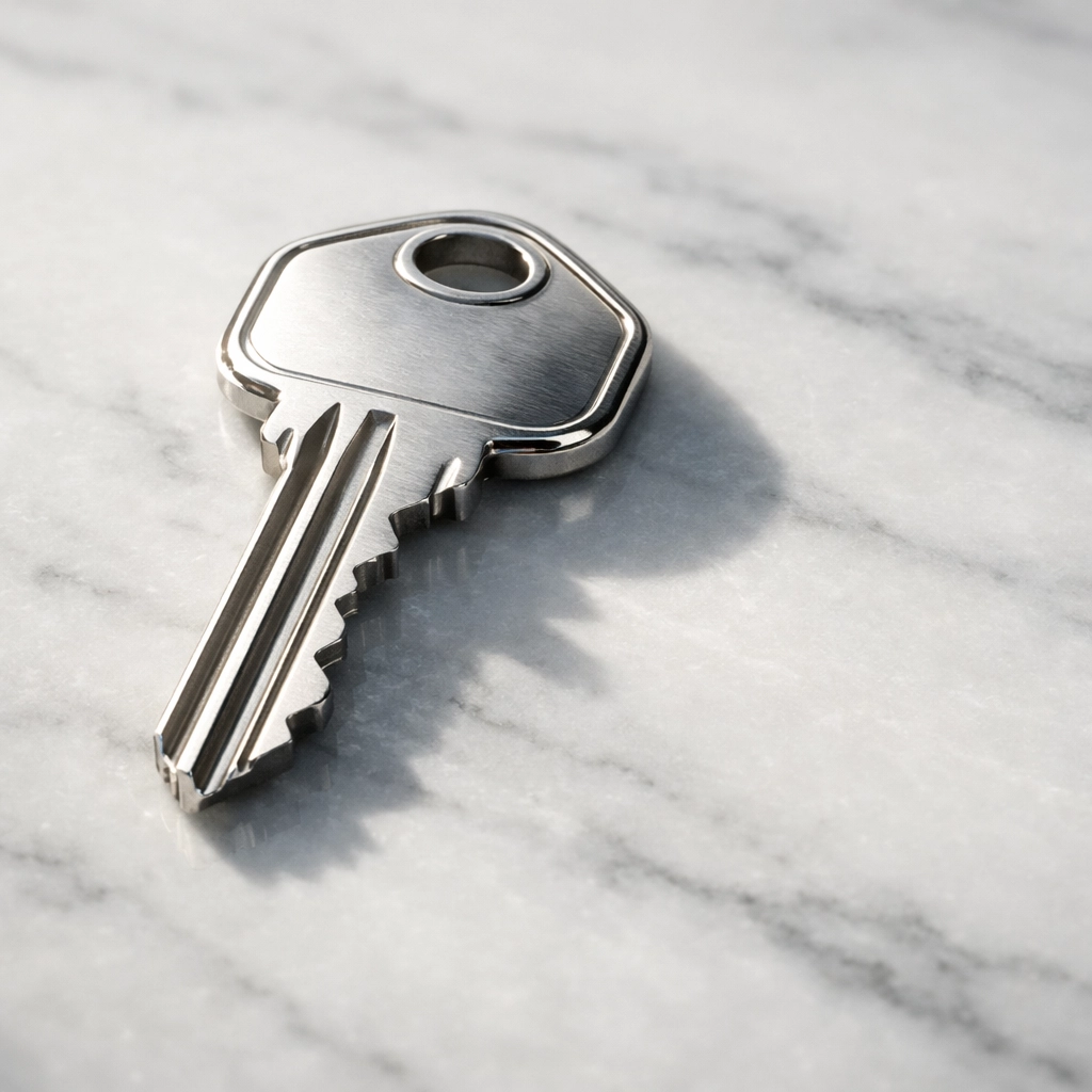 A silver house key on white marble, representing the confidence and systems used by professional Houston real estate agents.