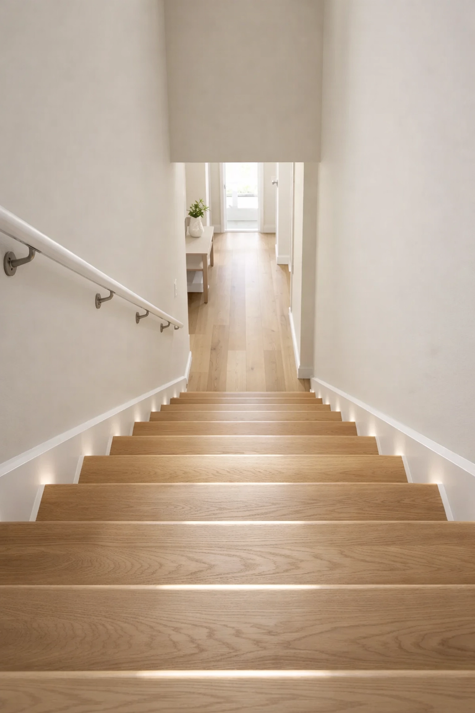 Clear perspective looking down well-lit indoor stairs with visible edges for improved depth perception.