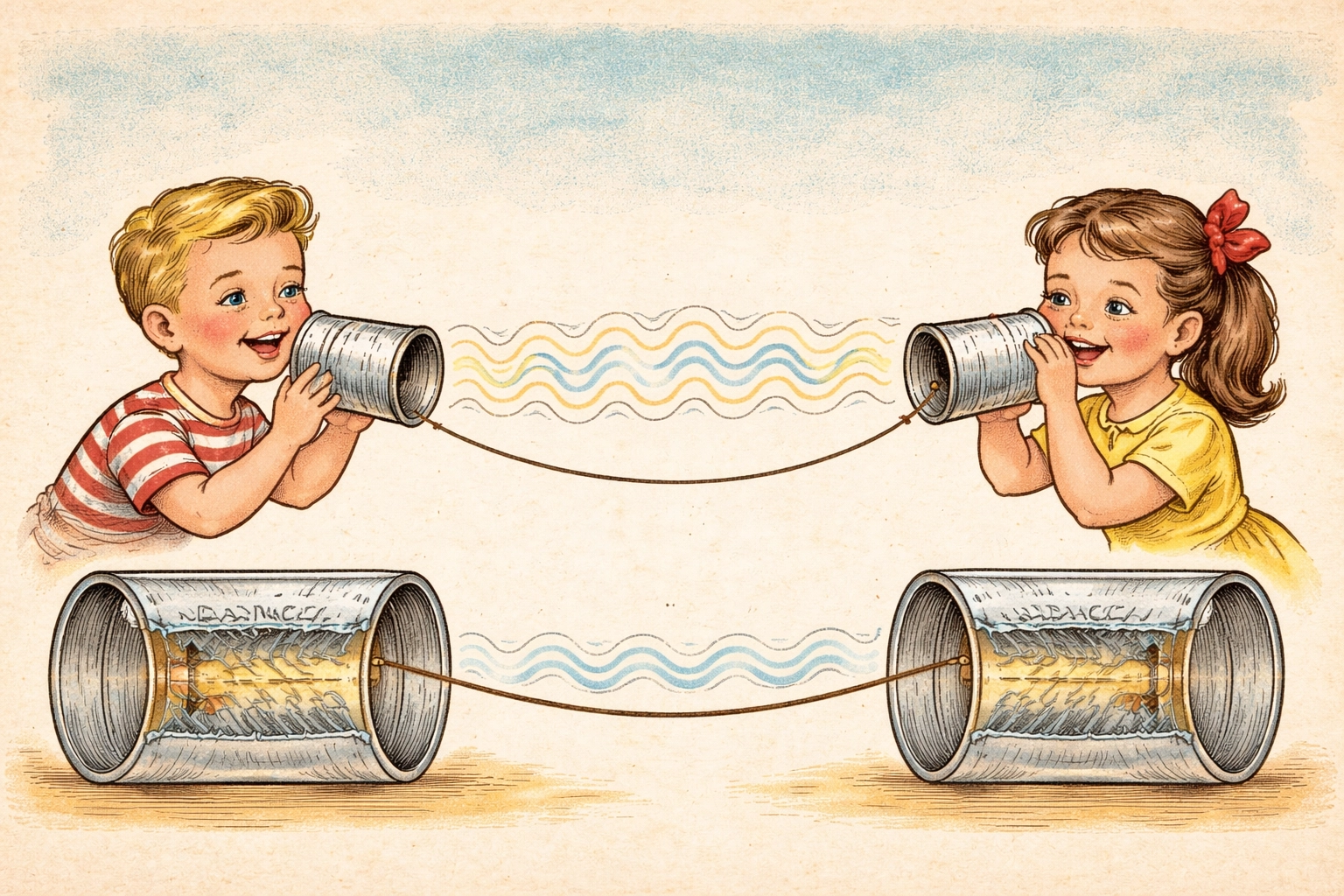 Illustration of sound waves traveling through a tin can telephone, demonstrating how vibrations move along the string