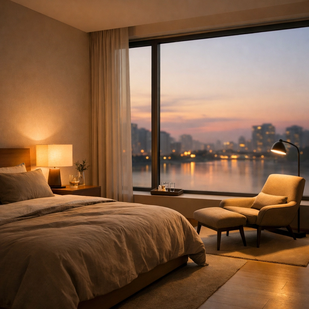 A minimalist hotel suite showing the result of a seamless guest experience.