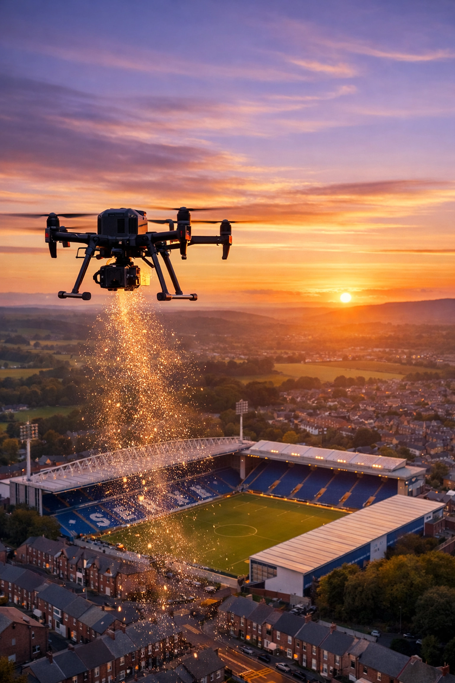 Drone ash scattering ceremony near Blackburn Rovers Ewood Park stadium at sunset.