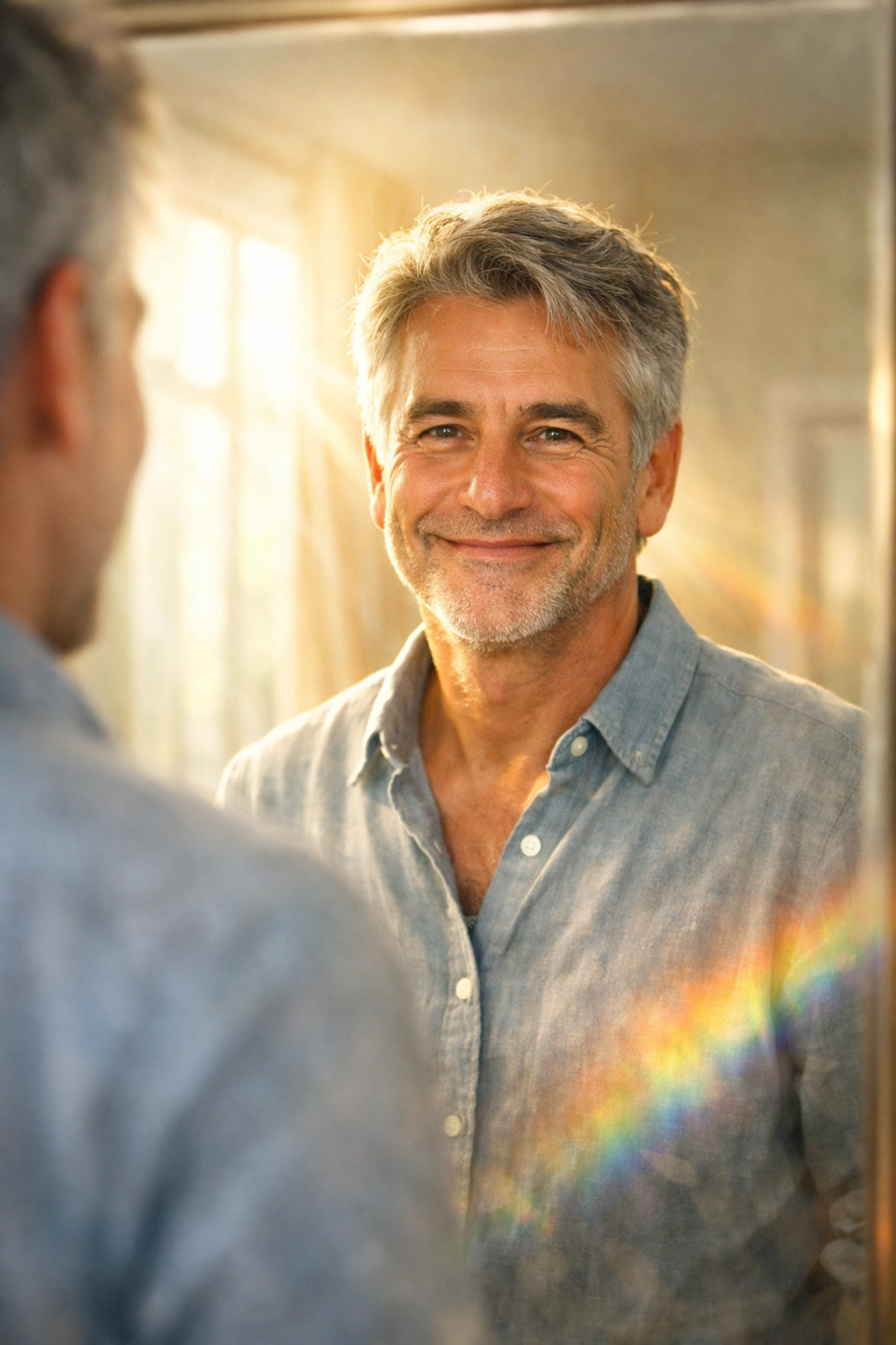 Older man discovering his true self and smiling with relief and acceptance