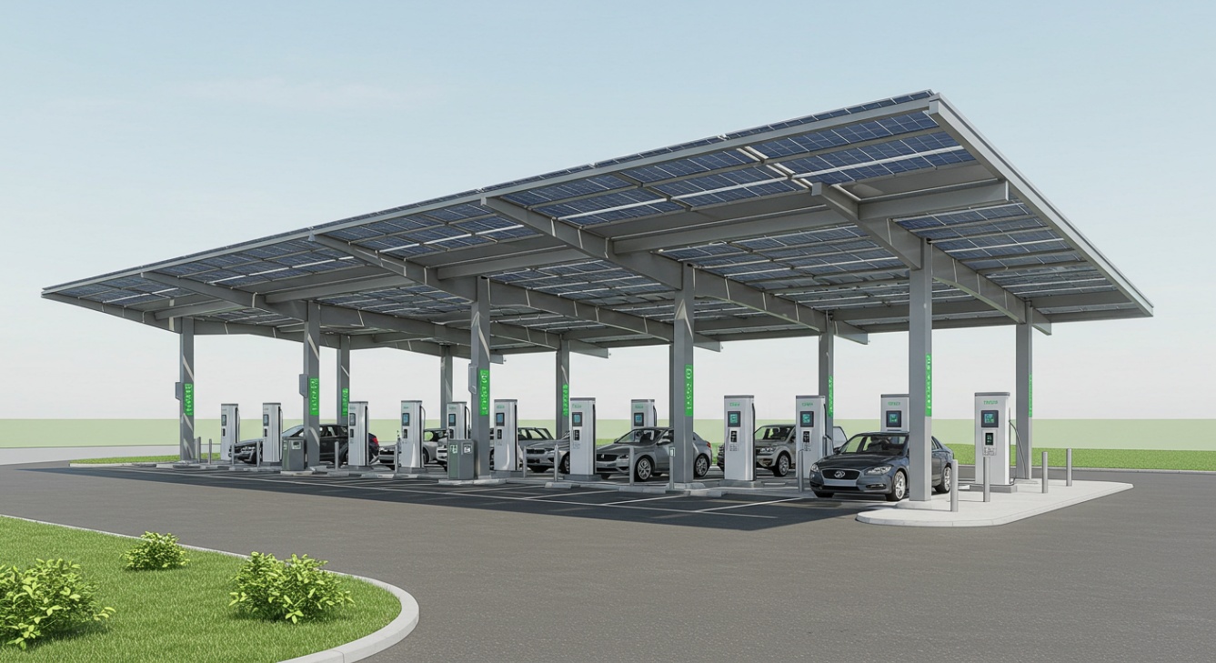 Large Off-Grid EV Charging Station with Solar Carports