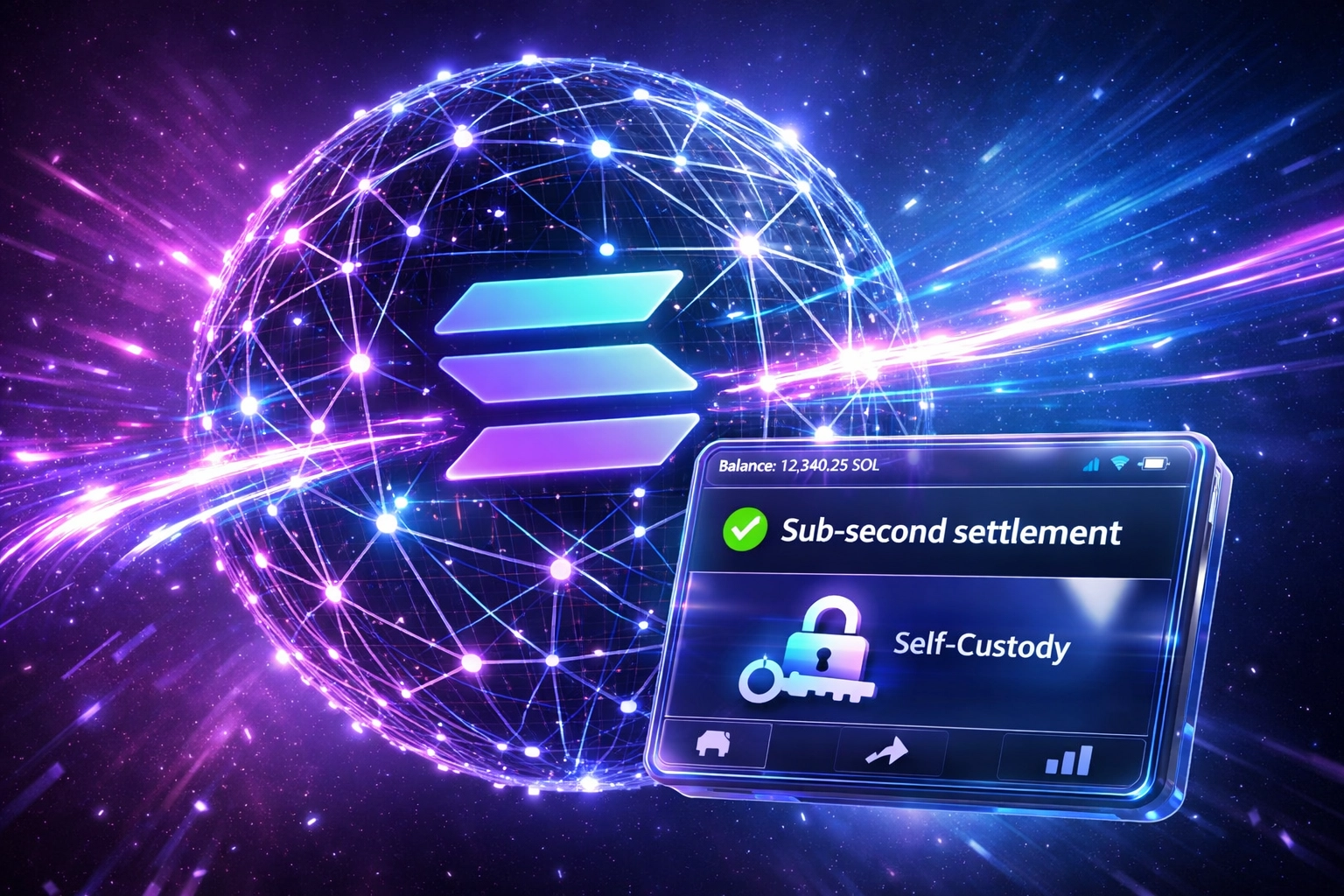 Solana blockchain network with self-custody wallet showing instant settlement