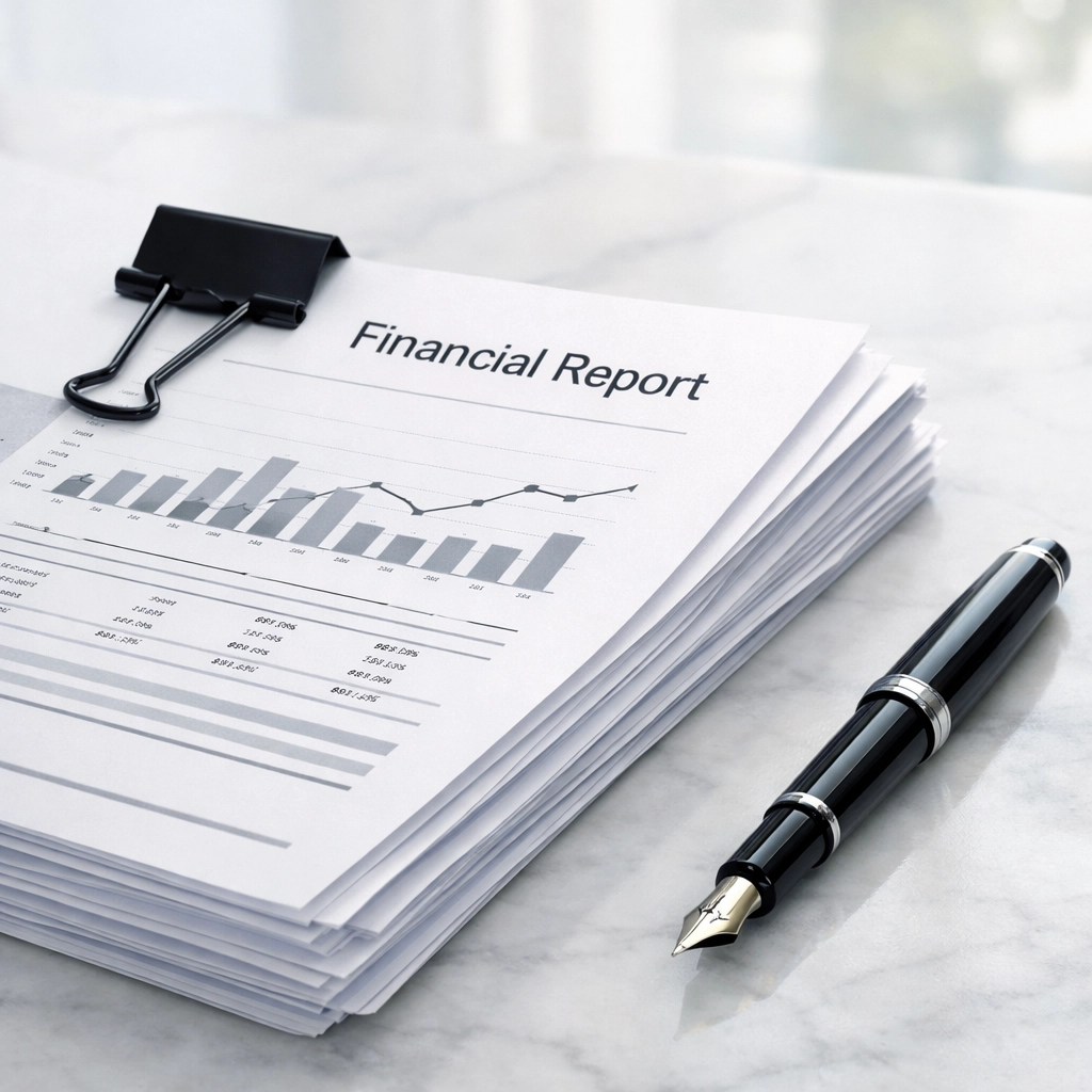 Neatly organized financial reports and a fountain pen on a desk for transfer pricing audit documentation.