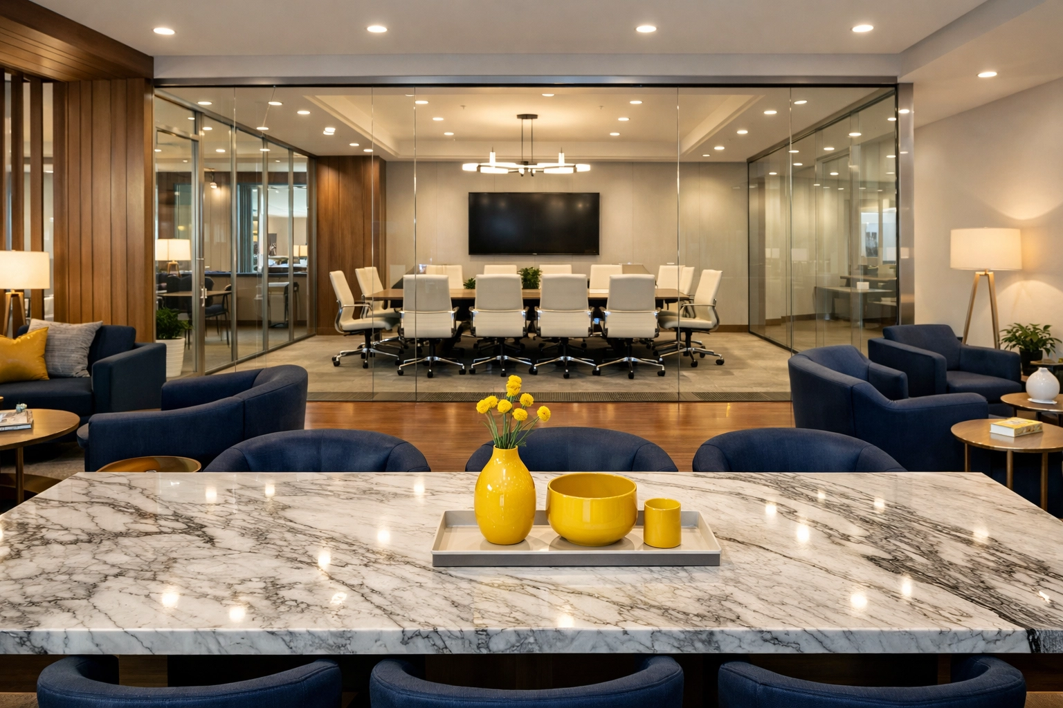 Sparkling clean corporate lounge in Bedford demonstrating professional commercial cleaning for high morale.