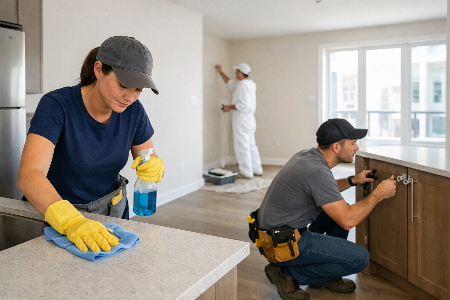 Multiple service professionals working simultaneously during apartment turnover process