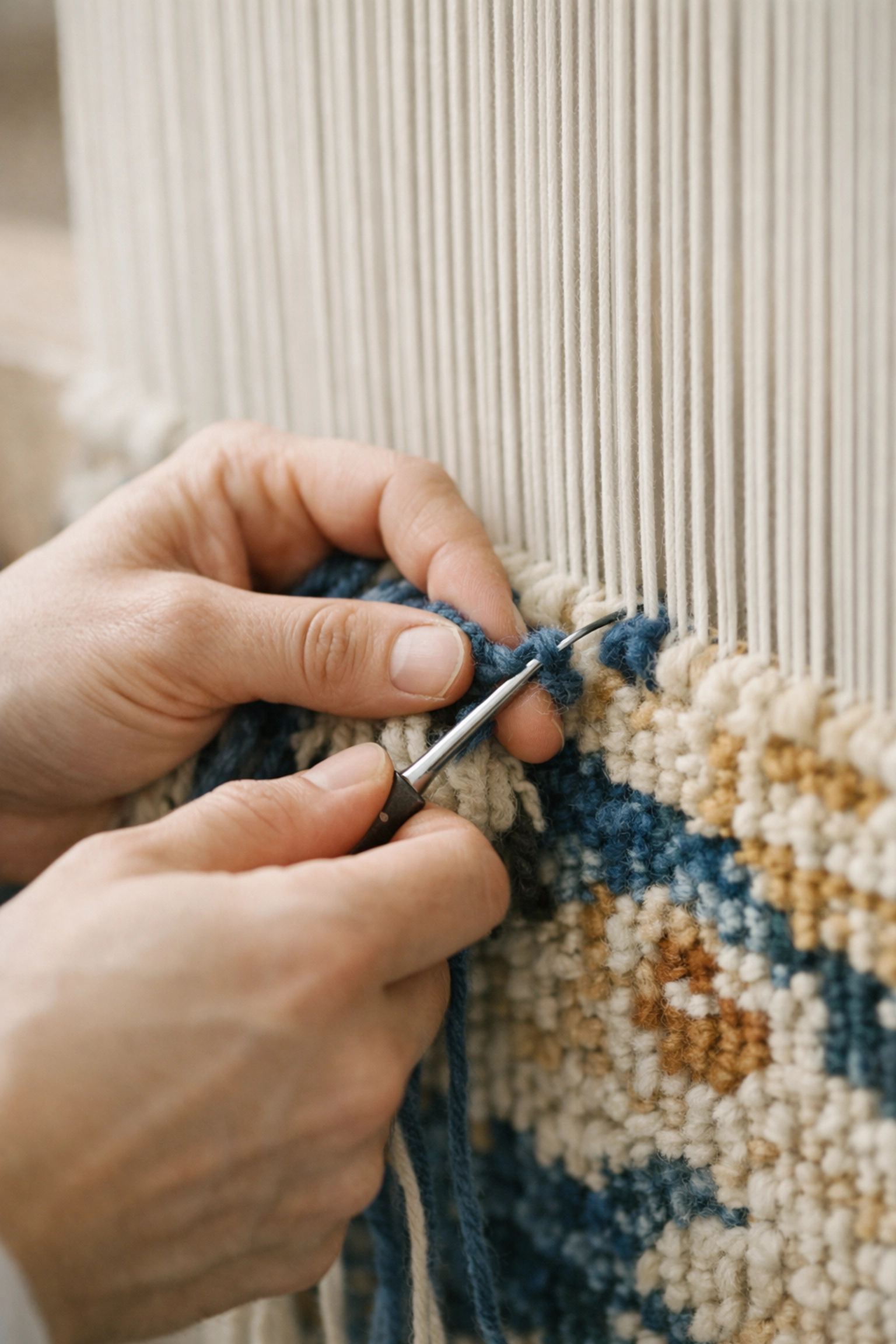 Artisan hands weaving hand-knotted luxury carpet on traditional loom