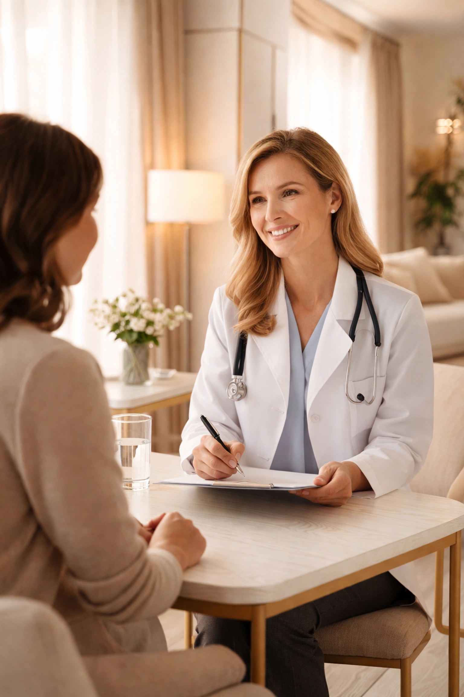 Healthcare provider consulting with a patient in a modern Las Vegas hormone clinic, representing personalized TRT and BHRT care
