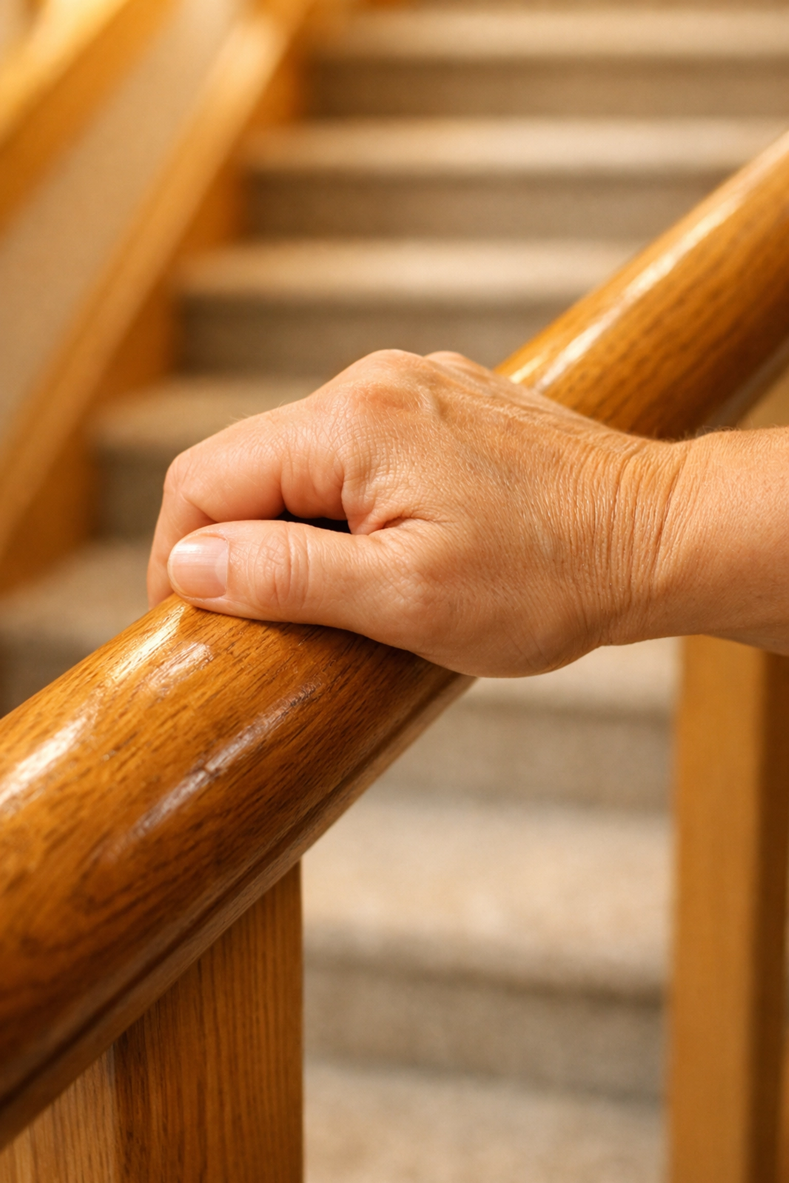 Close-up of a hand firmly gripping a graspable wooden handrail for balance and stair safety.