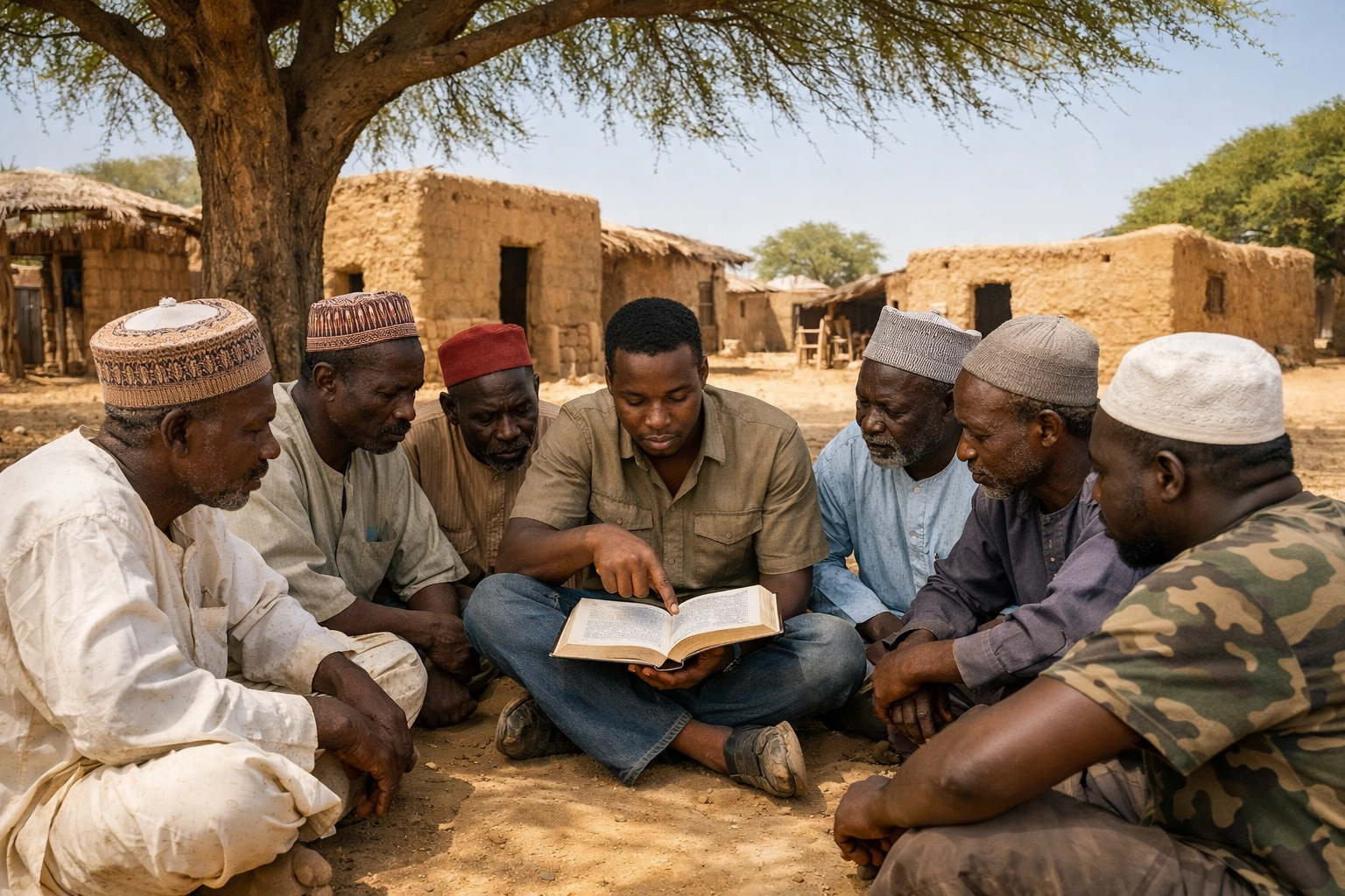 Former militants in Borno State gather for a Bible study under a tree, symbolizing spiritual transformation.