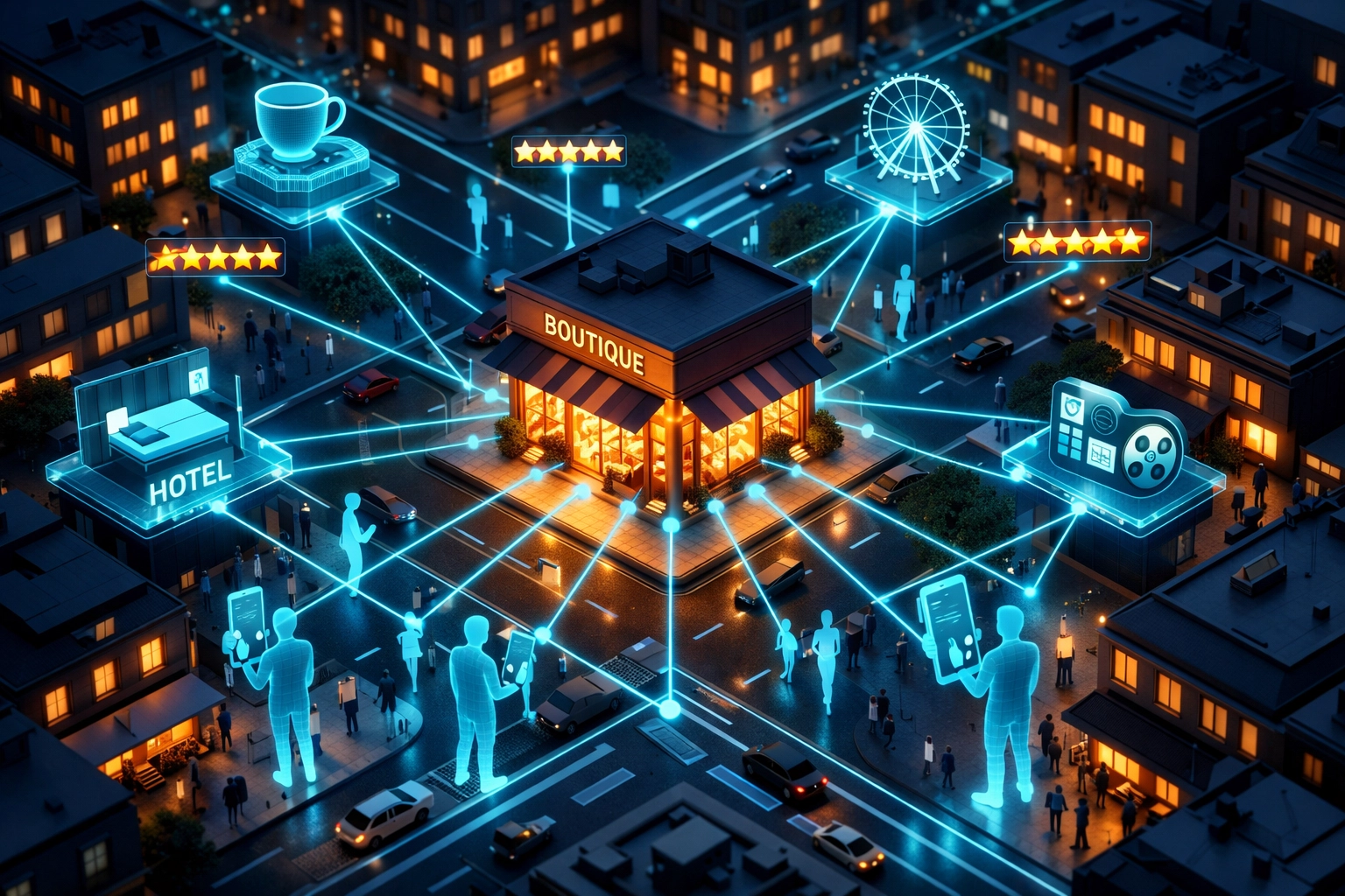 Digital local business entity connected to neighborhood landmarks and customer reviews on a city map.