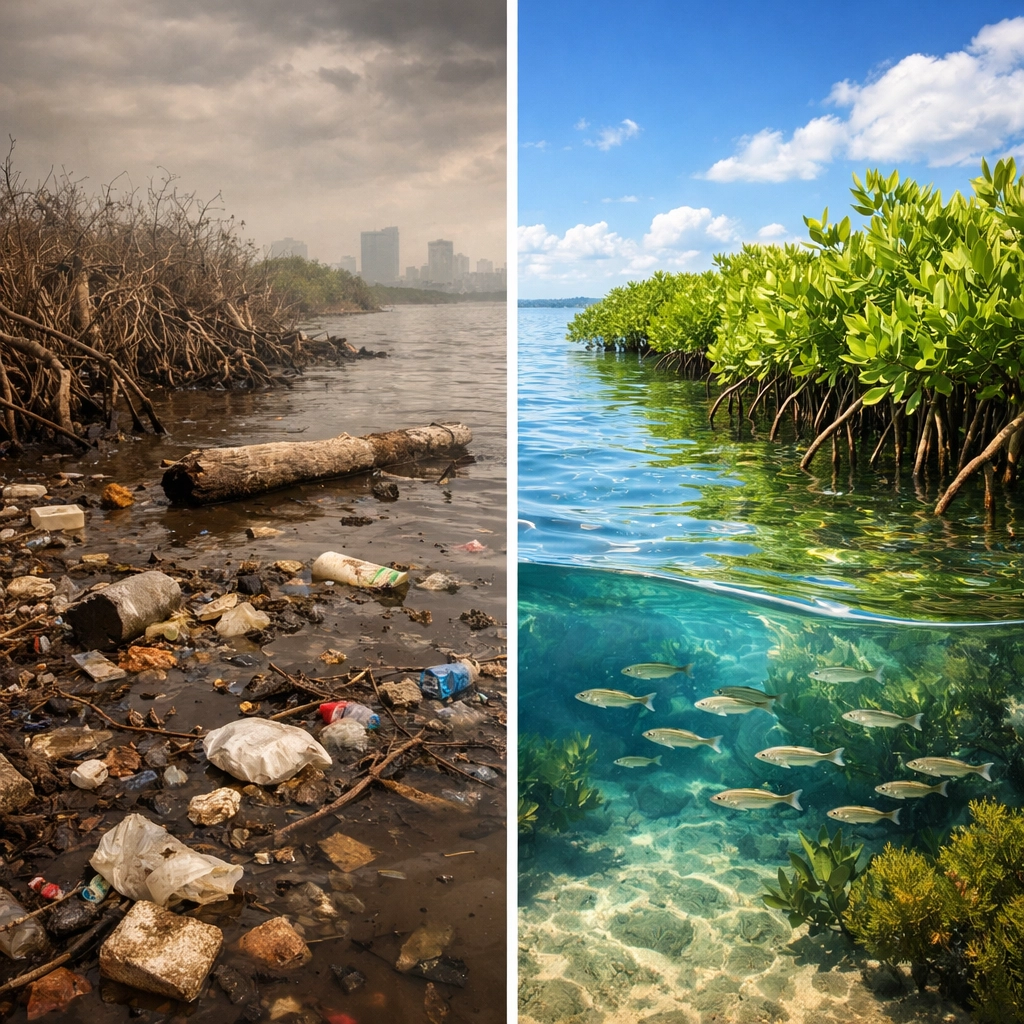 Before and after comparison of Guanabara Bay showing transformation from polluted to restored