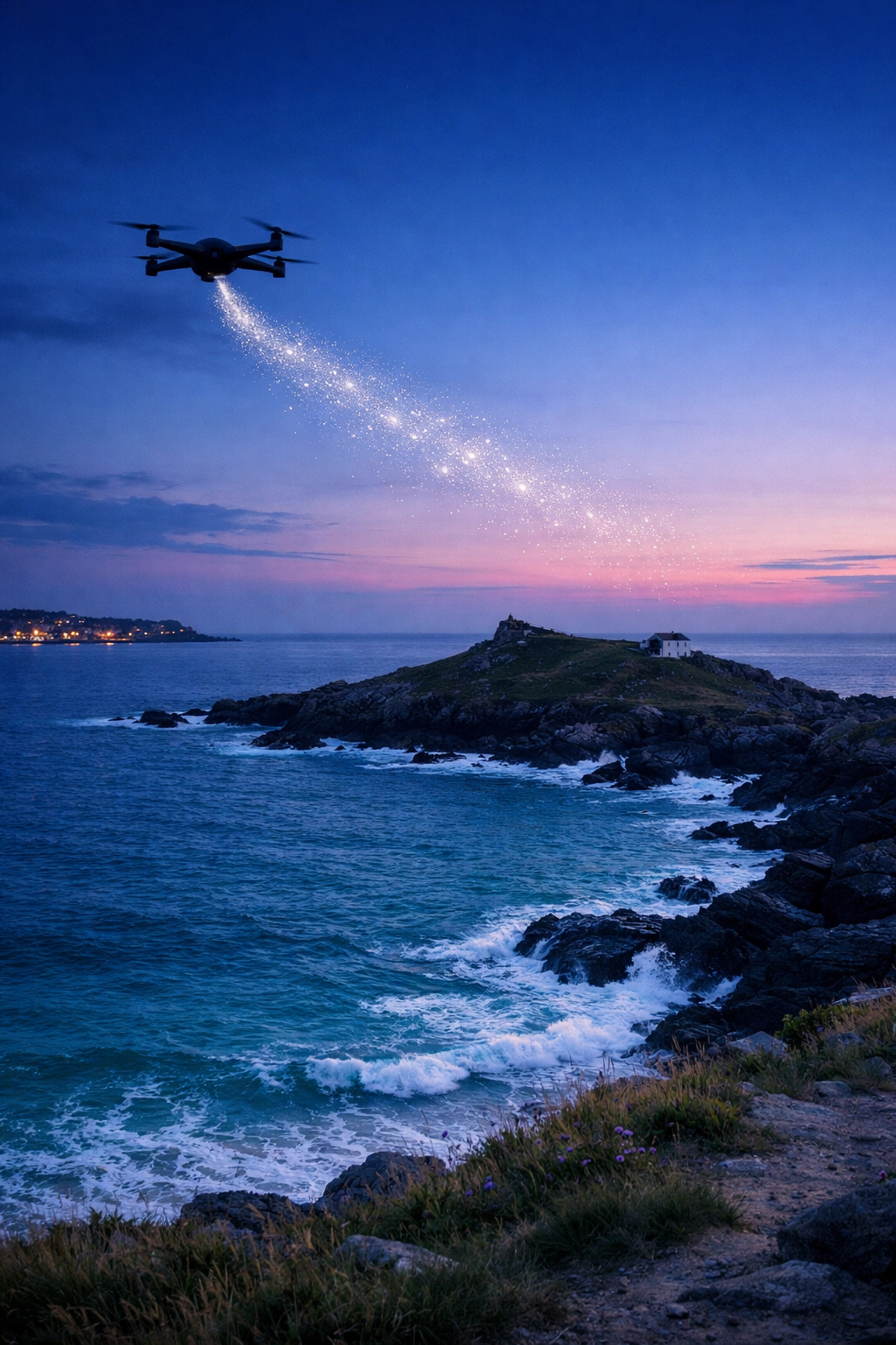 Serene drone ash scattering service over the sea at St Ives Beach, Cornwall, during a sunset ceremony.