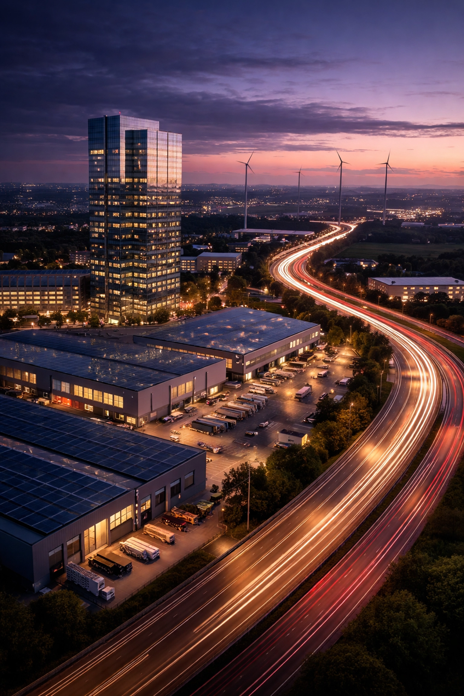 A cityscape at dusk with offices and renewable energy highlighting real estate and infrastructure investment diversification.