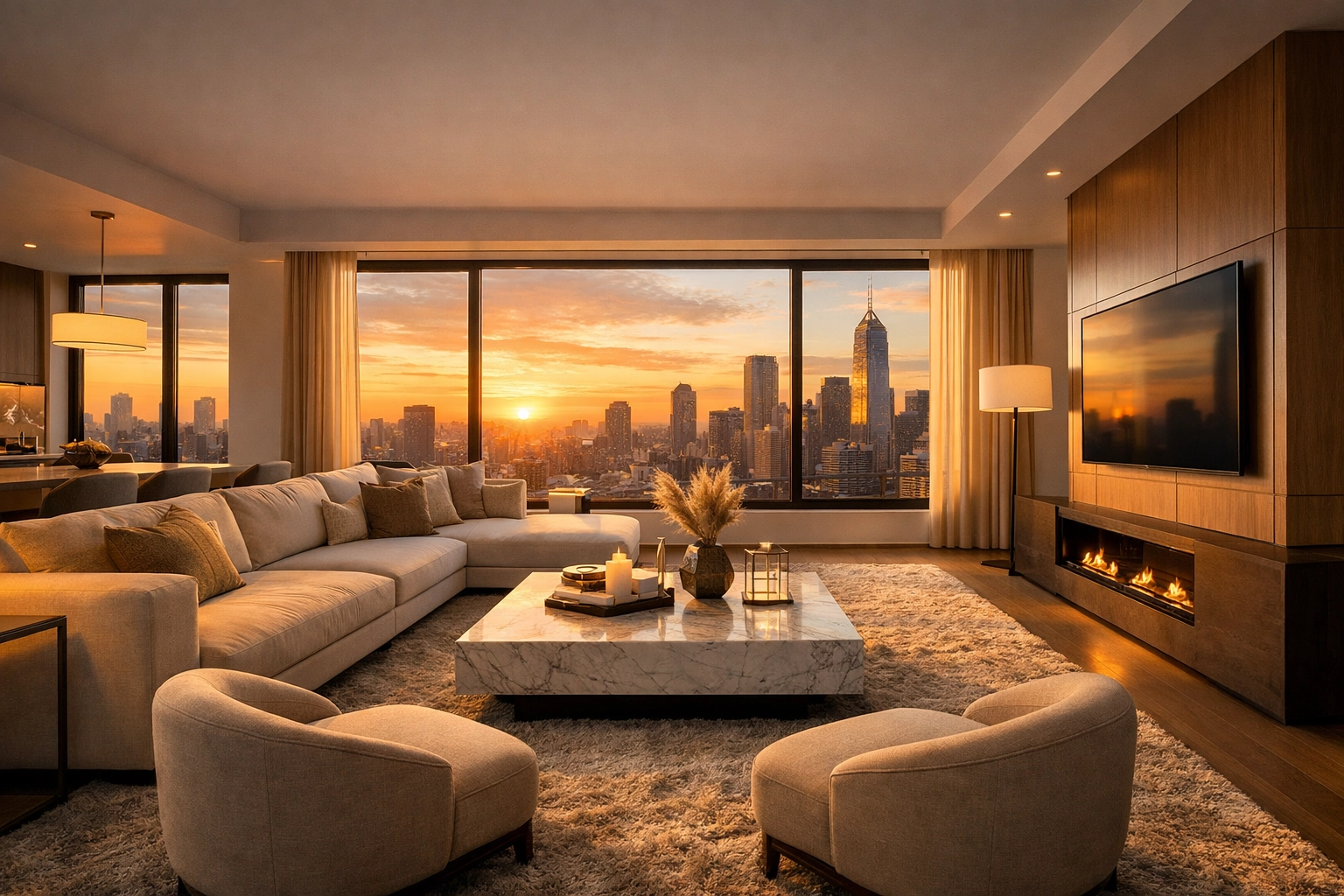 Modern luxury interior at sunset, highlighting the high-quality results from content marketing tools for bloggers.