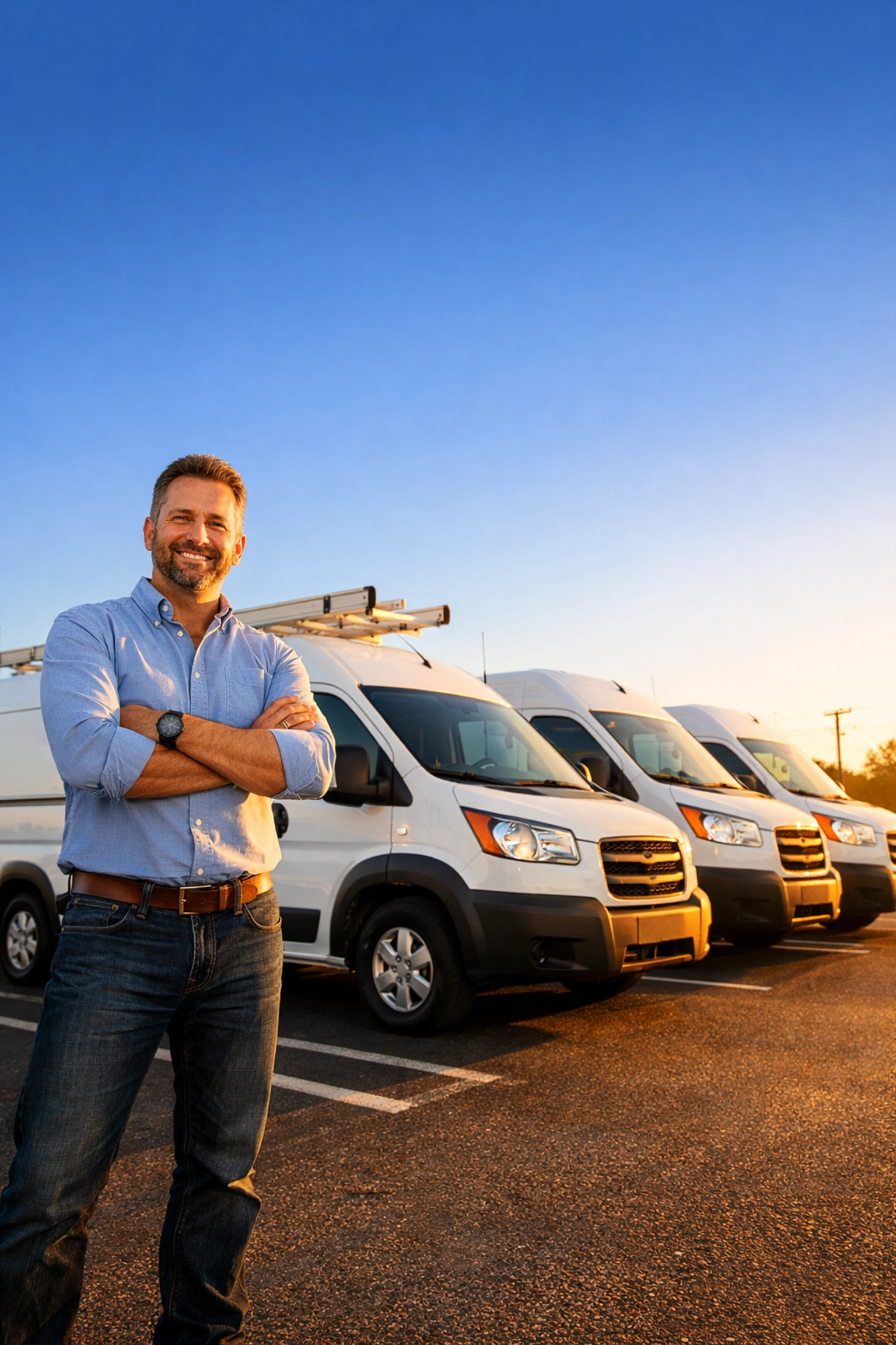 Green Bay business owner with commercial fleet vans ready for mobile maintenance service