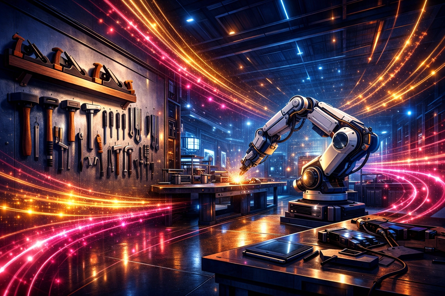 Die vernetzte Werkstatt der Zukunft zeigt KI im Handwerk Praxisbeispiele für Zeit- und Kostenersparnis.