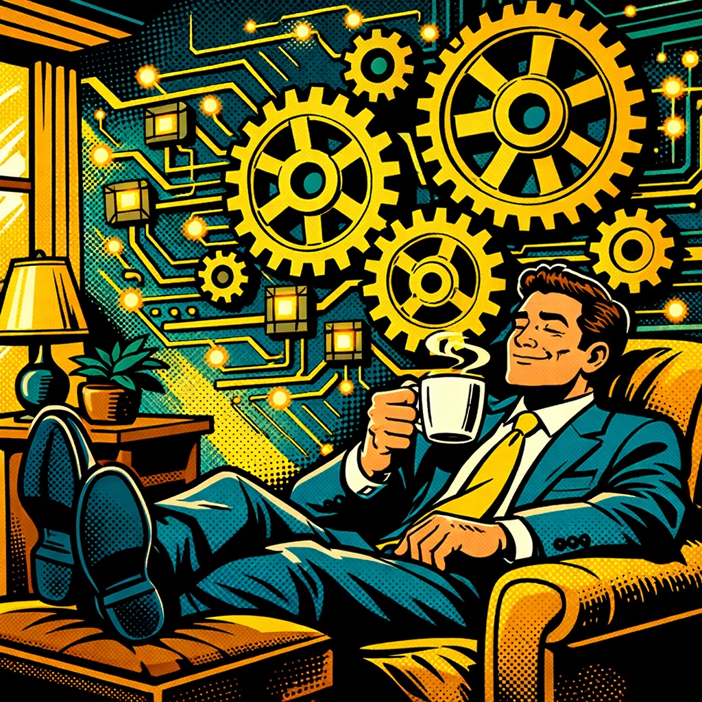 Business owner enjoying free time while automated business automation tools manage daily operations.