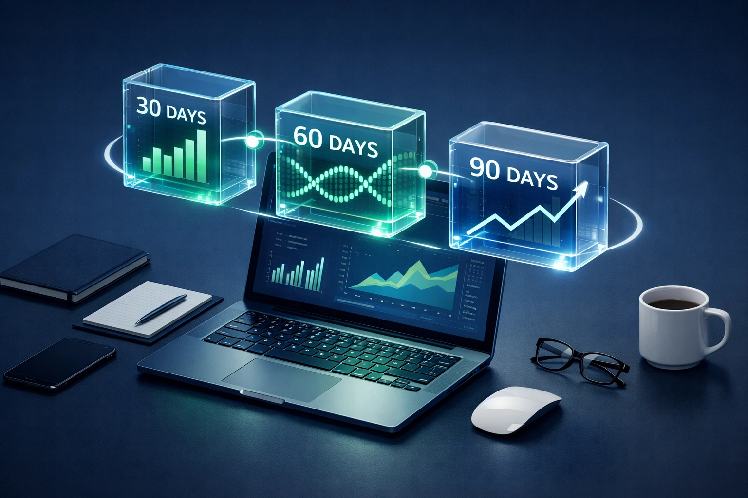 A digital timeline on a laptop representing a 90-day SEO framework for consistent business growth.