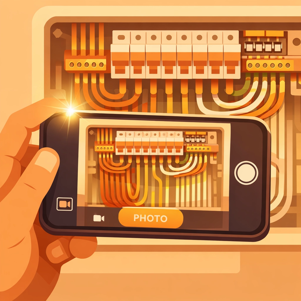 Close-up of a contractor using a contractor photo app to document high-quality electrical work.