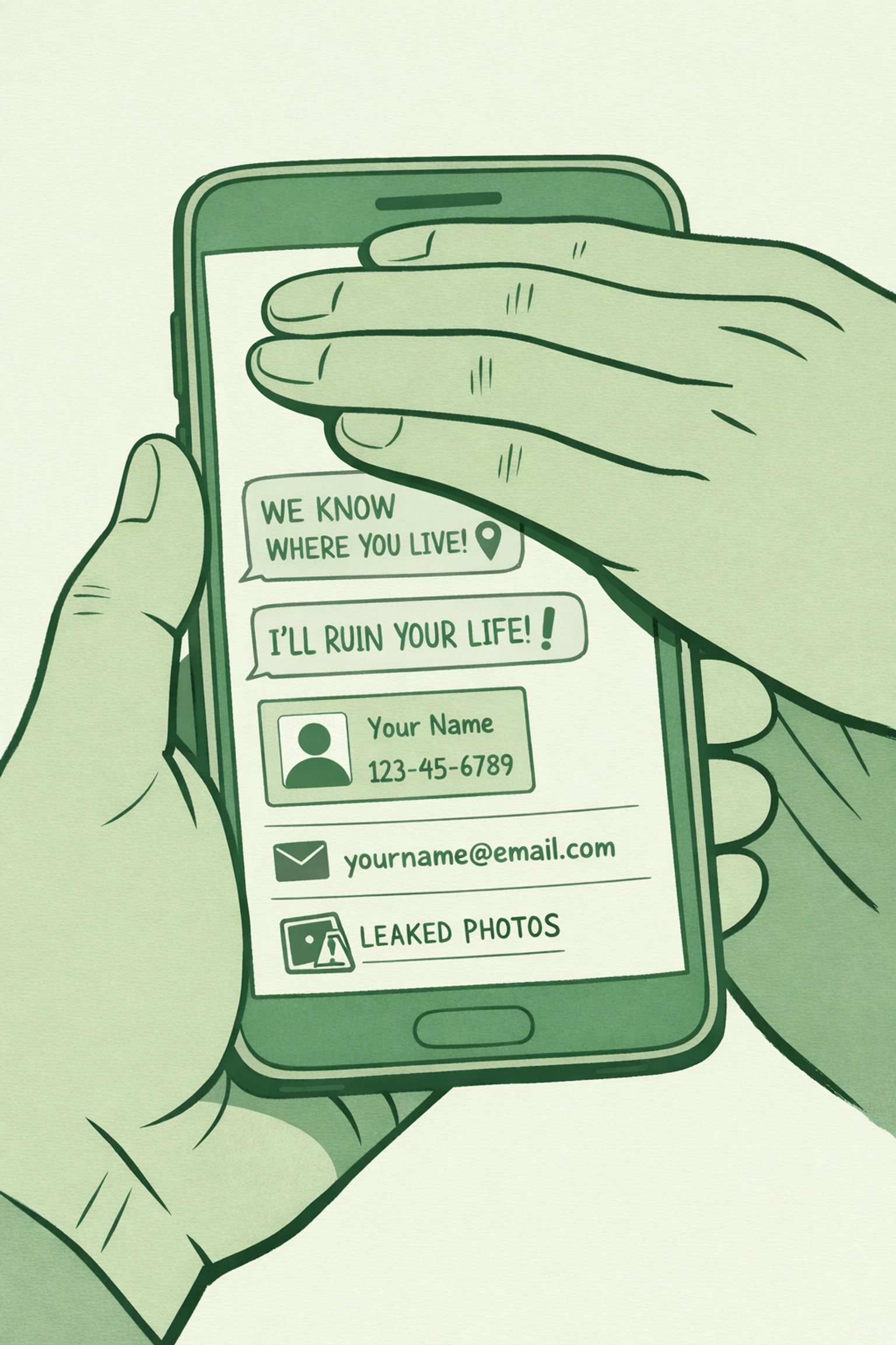 Gay man viewing doxxing threats on smartphone - online harassment and personal information exposure