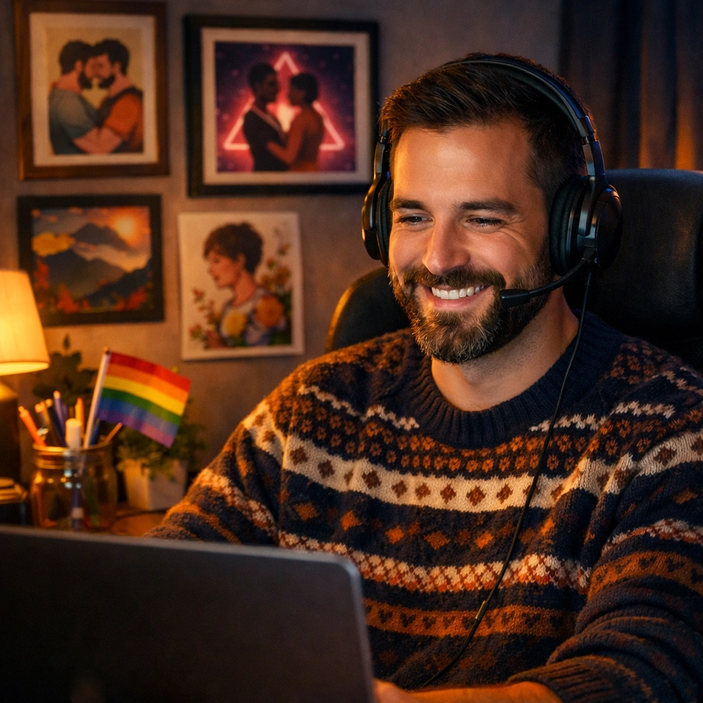A gay man participating in a virtual queer networking event from a cozy, affirming home office.
