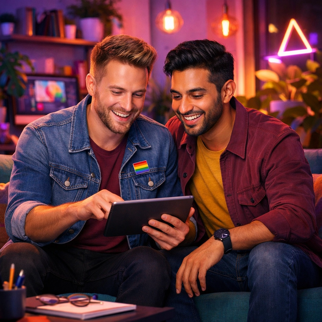 Two gay men collaborating in a creative studio, representing the reality of being out and proud at work.