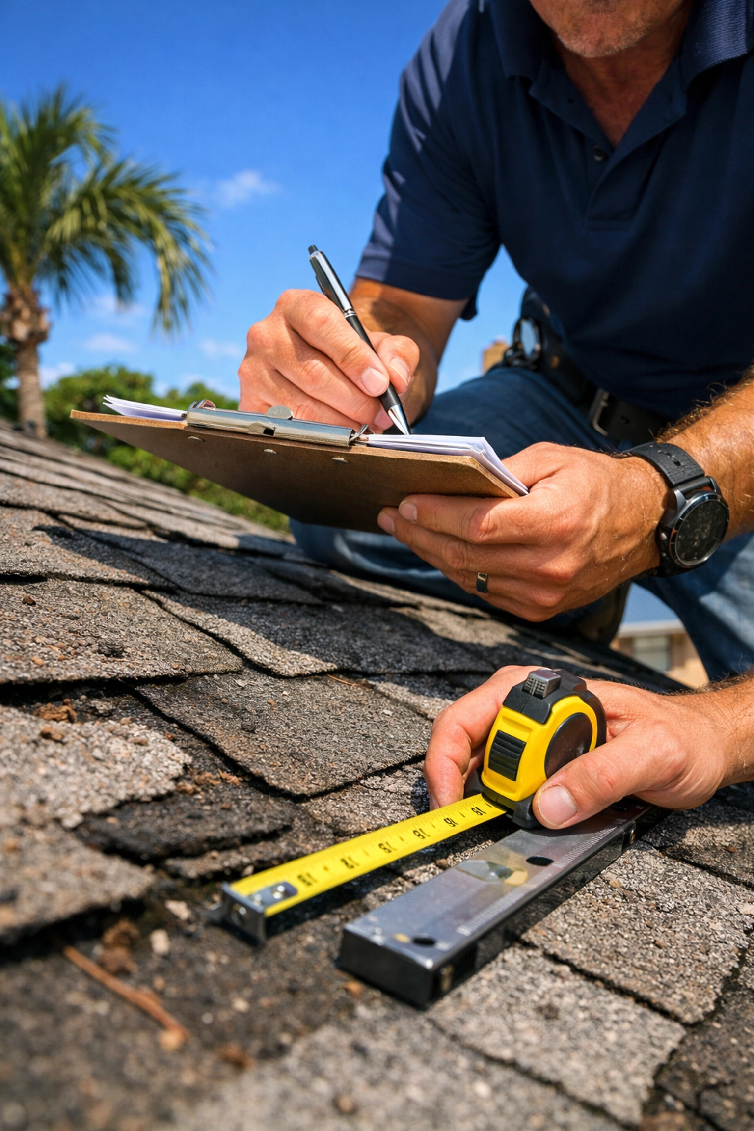 Home inspector examining roof condition during real estate inspection in Southwest Florida