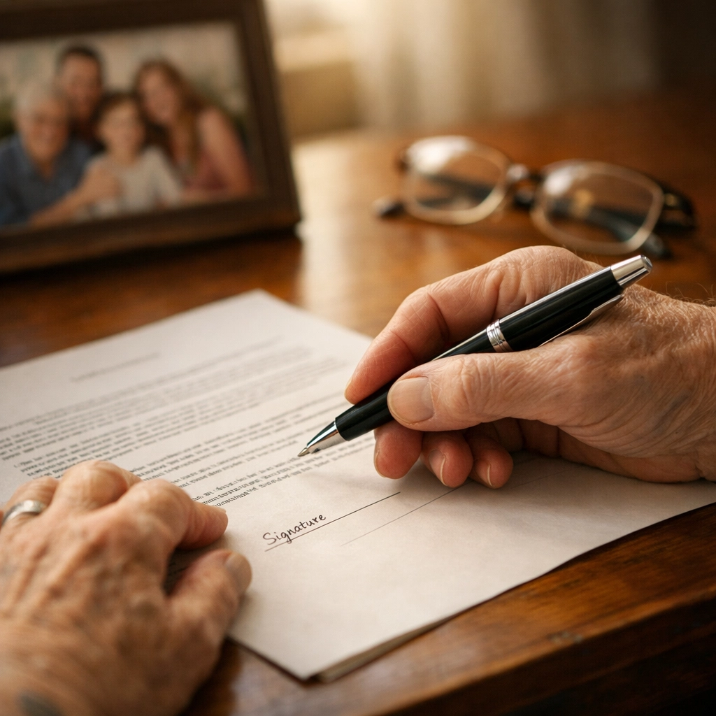 Elderly person signing lasting power of attorney legal documents before losing mental capacity