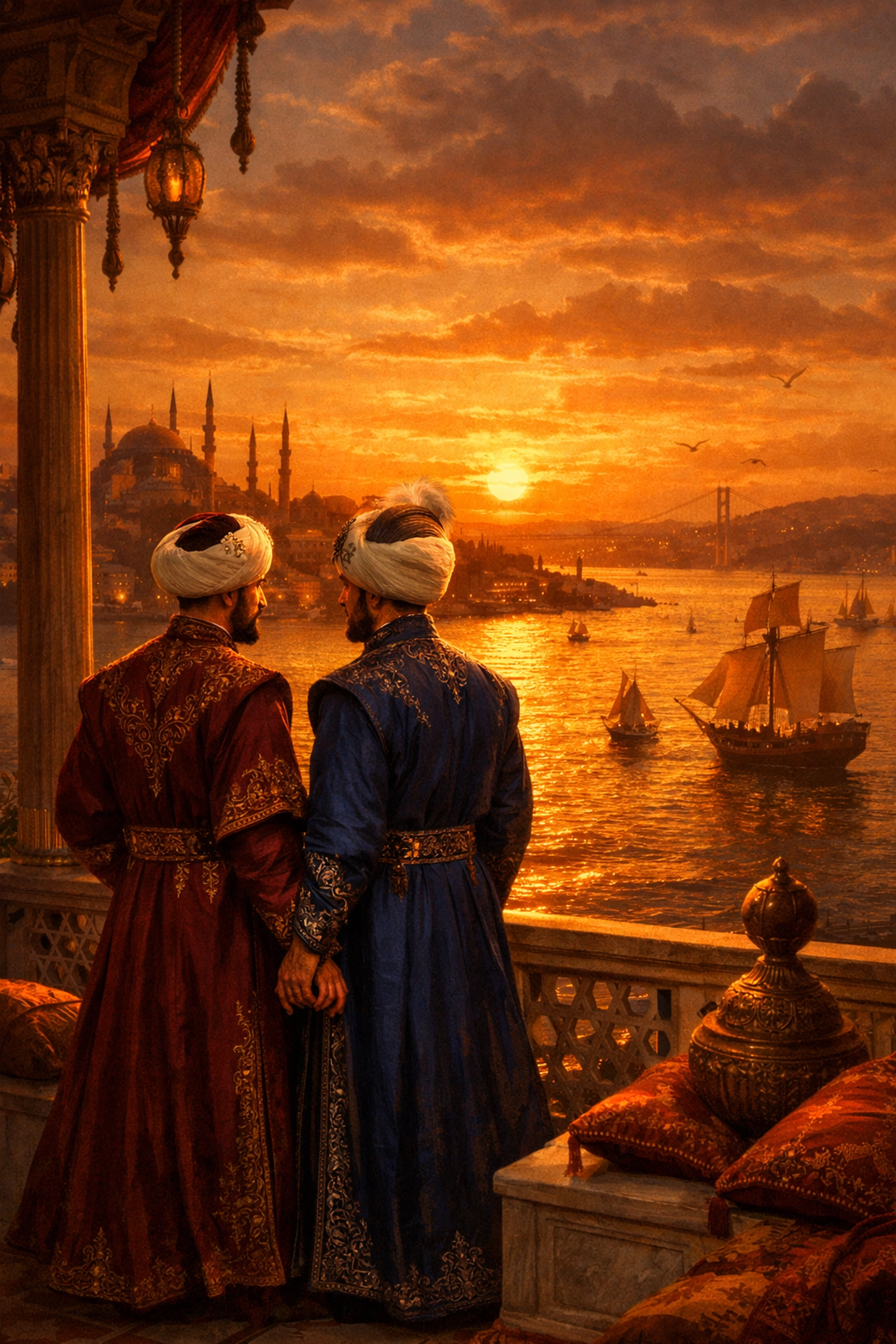 Two men in Ottoman robes share intimate moment overlooking Bosphorus strait at sunset