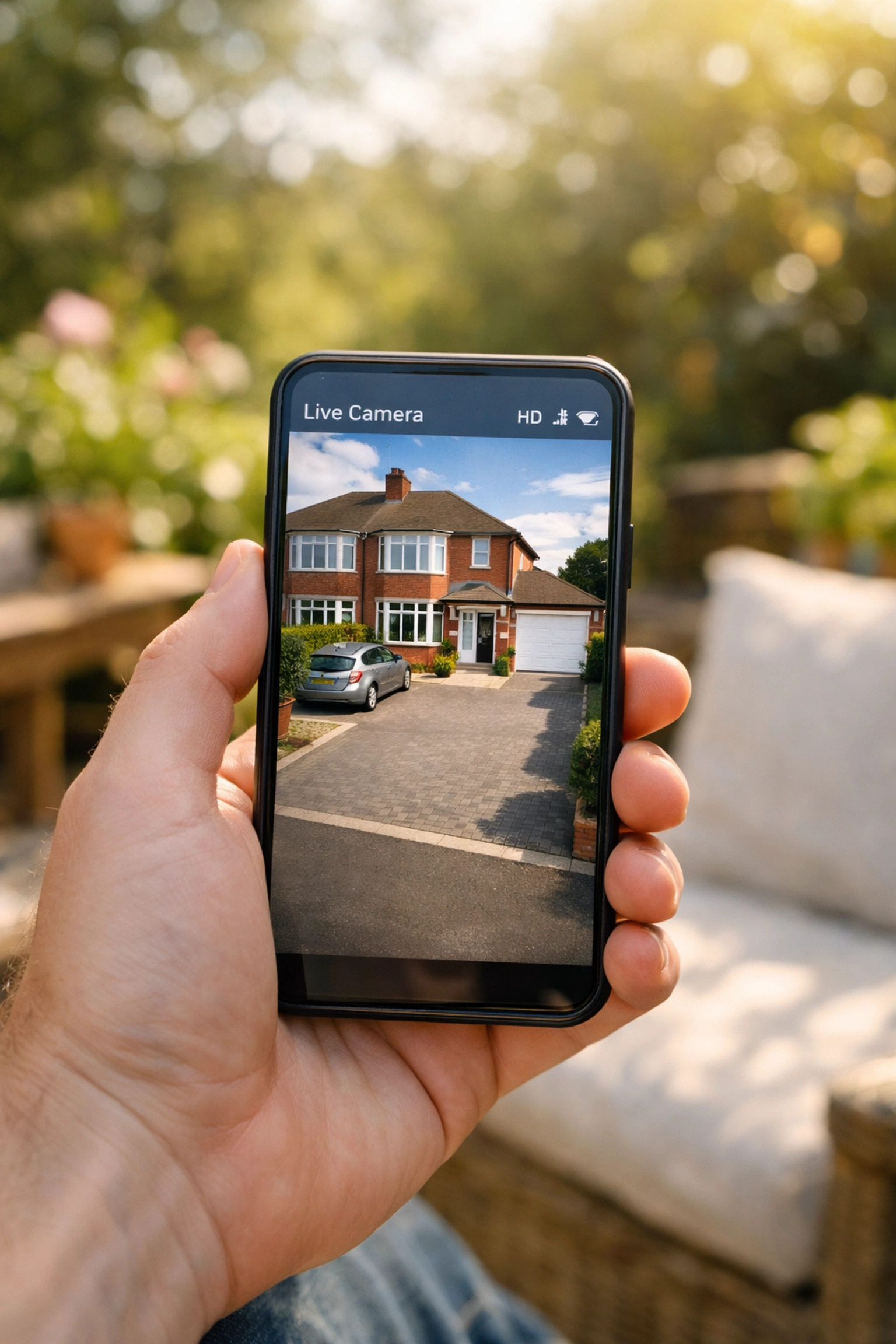 Viewing live HD security camera footage on a smartphone from a sunny Taunton garden.