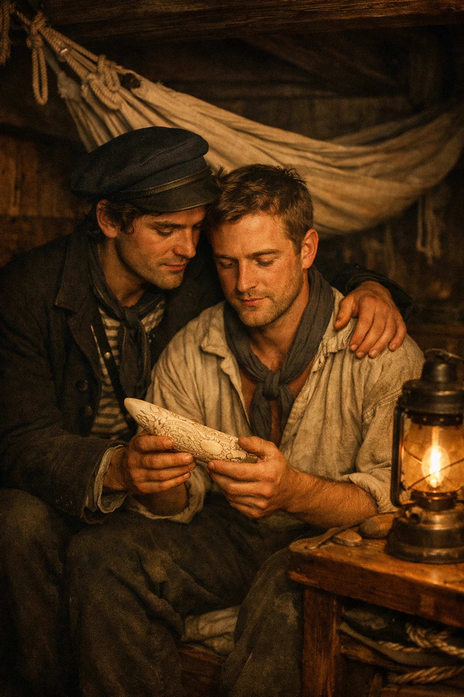 Two historical gay sailors sharing an intimate moment in a 19th-century whaling ship cabin.