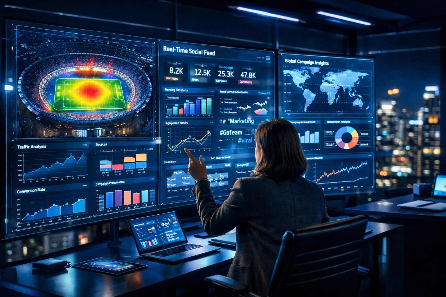Marketing strategist analyzing real-time Super Bowl data on interactive digital displays.