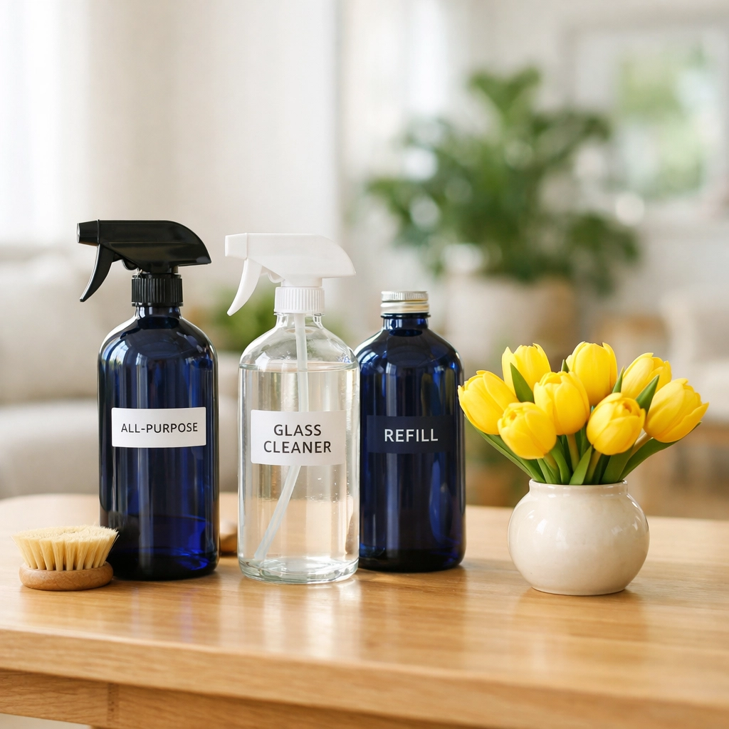 Natural eco-friendly cleaning supplies in a bright living room by professional cleaners in Boston MA.