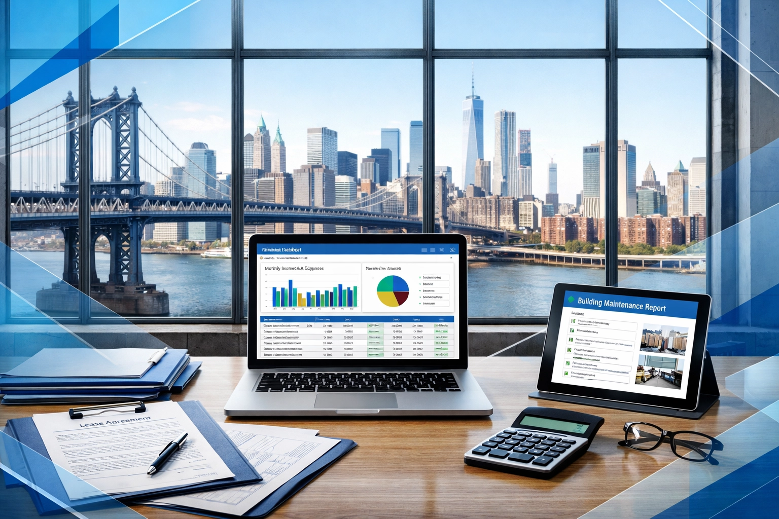 Laptop displaying financial reports and building maintenance data, with lease agreements and a calculator on a desk, overlooking the Manhattan Bridge and skyline, relevant to property management in DUMBO.