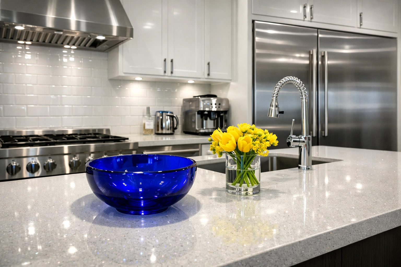 A deep-cleaned luxury kitchen with sparkling white countertops, perfect for a successful Boston apartment turnover.