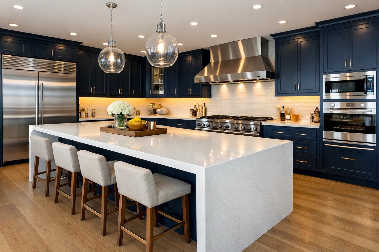 Clean gourmet kitchen with a quartz waterfall island and navy blue cabinetry in a Carlisle estate.