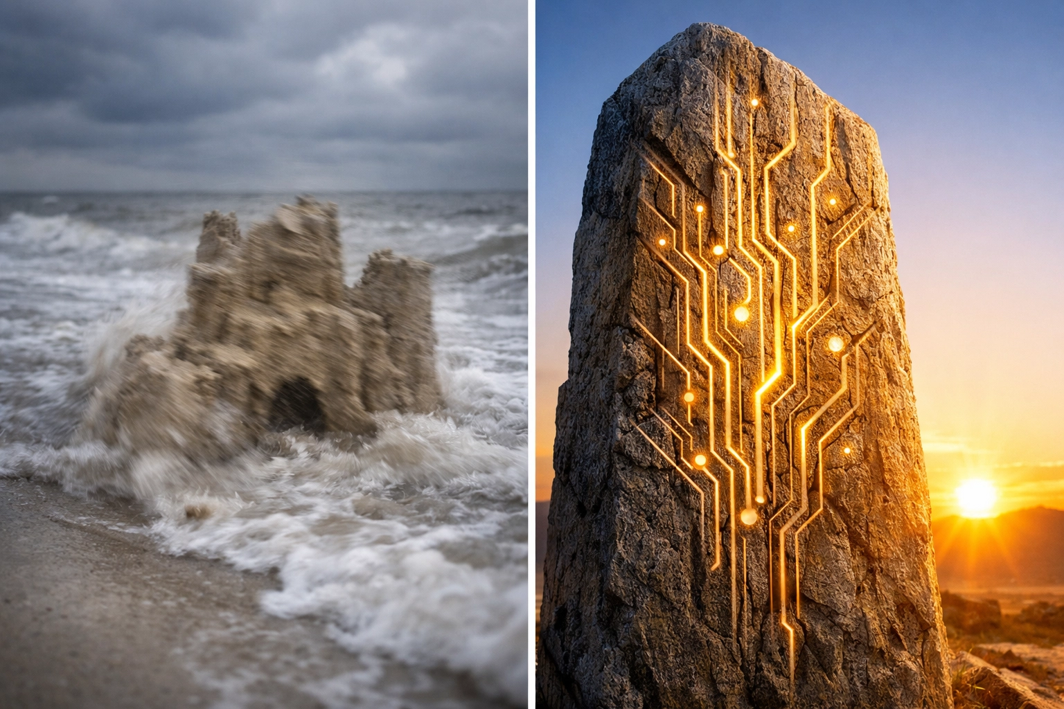 A sandcastle and stone monolith representing long-term memory retention and SEO strategies 2026.