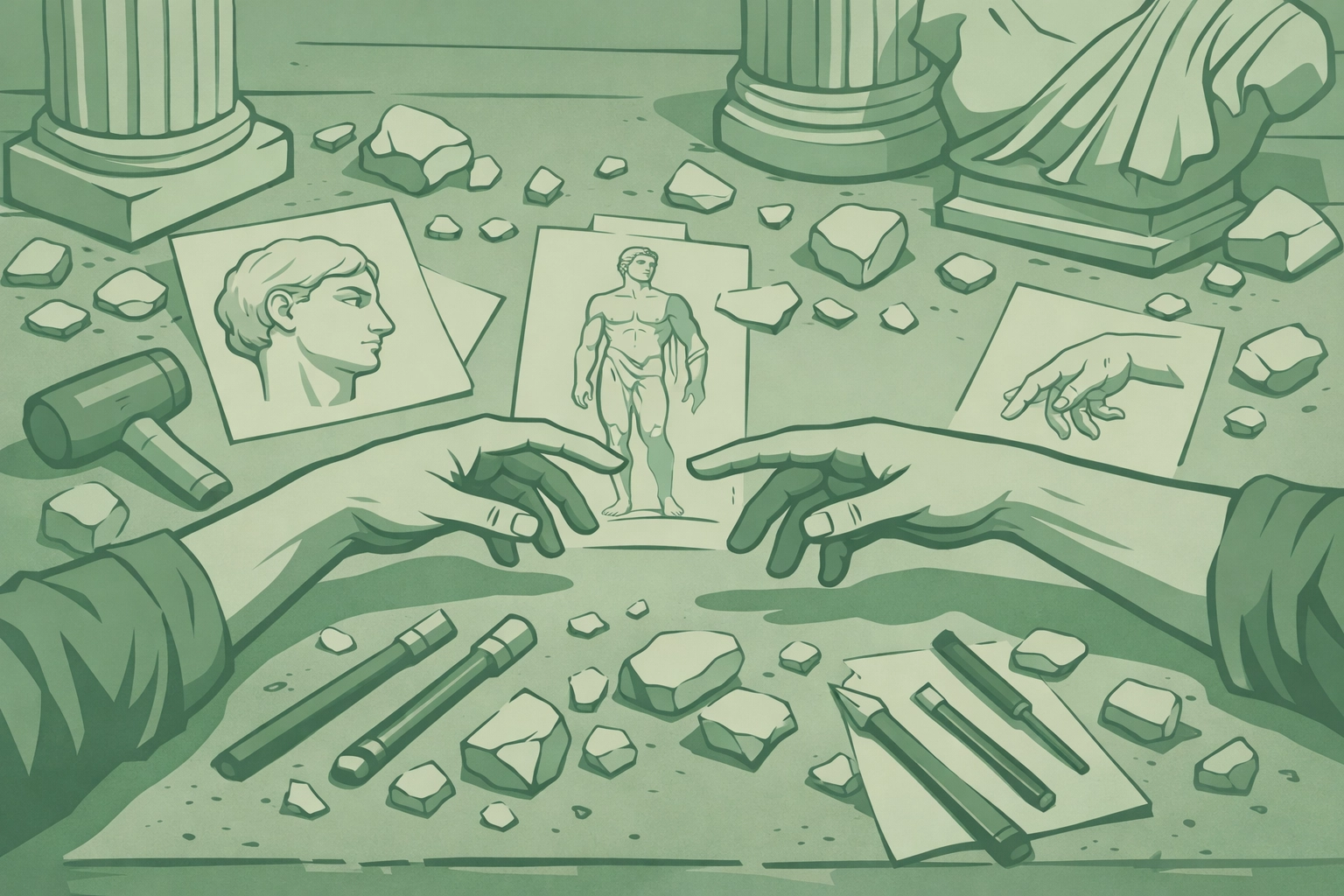 Sculptor's worktable with reaching hands - longing and artistic passion in MM romance novel