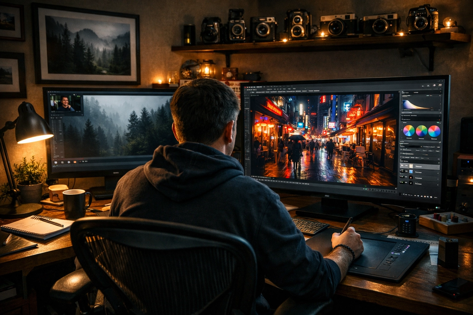 Applying photo editing tutorial principles to different subjects at a dual-monitor creative workspace.