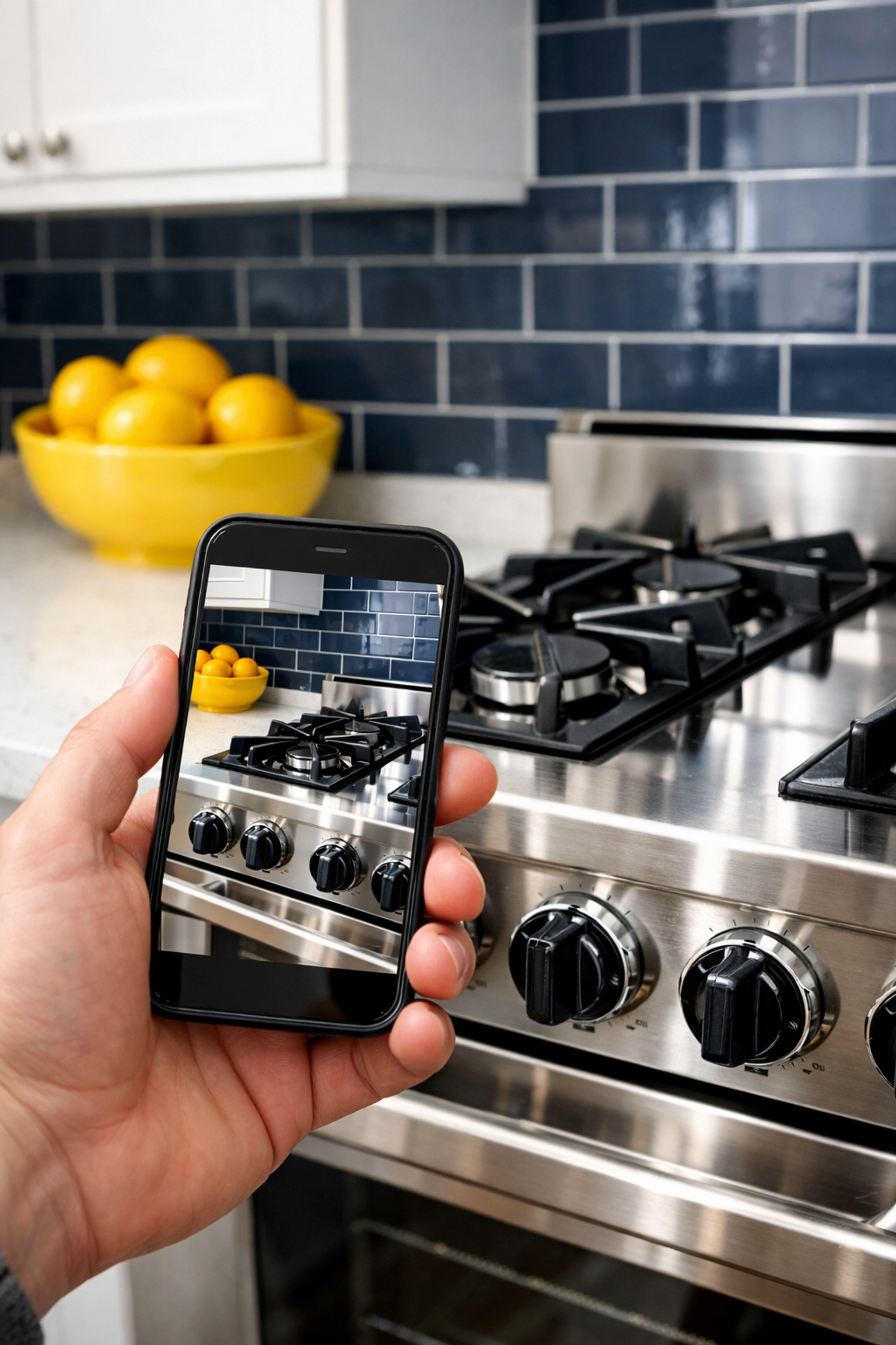 Using a smartphone to document a deep-cleaned kitchen during a professional Massachusetts move-out.