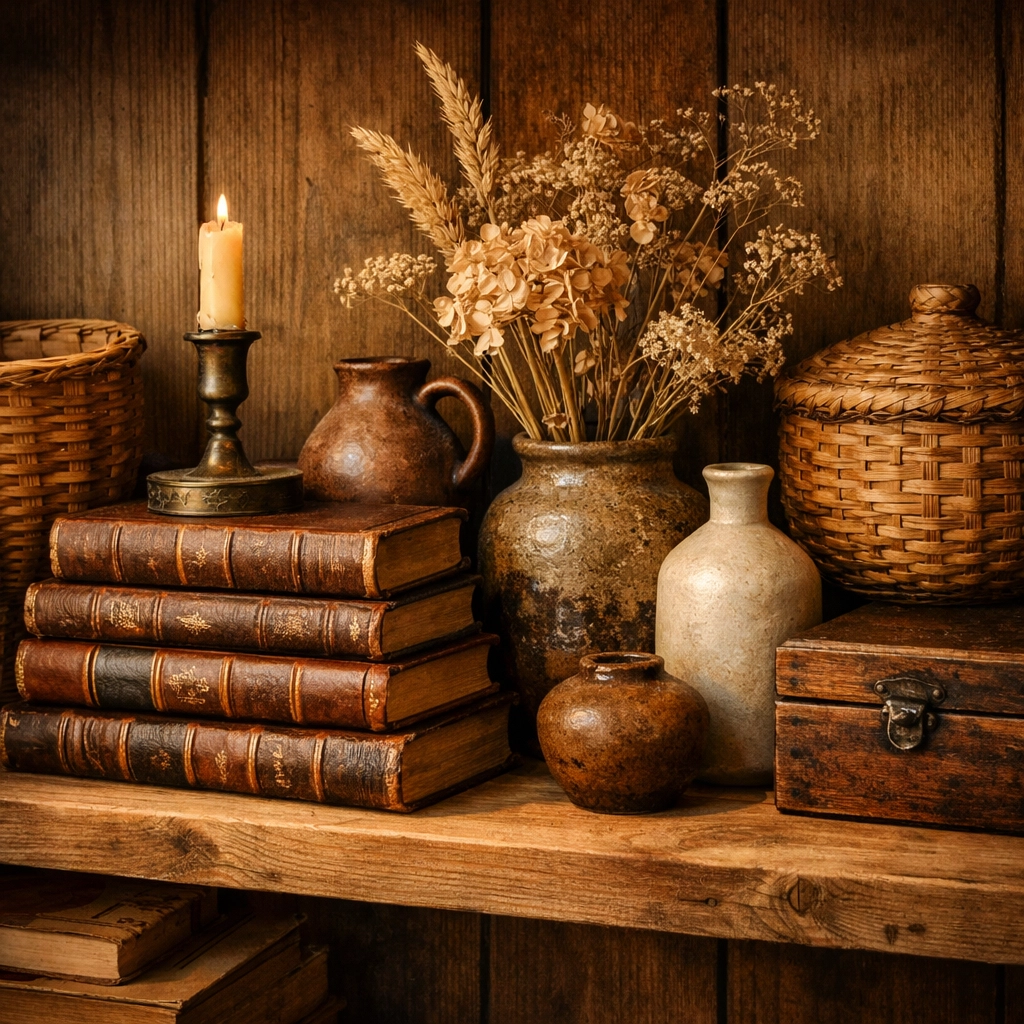 Curated bookshelf display mixing vintage books with handcrafted vases and artisan pottery