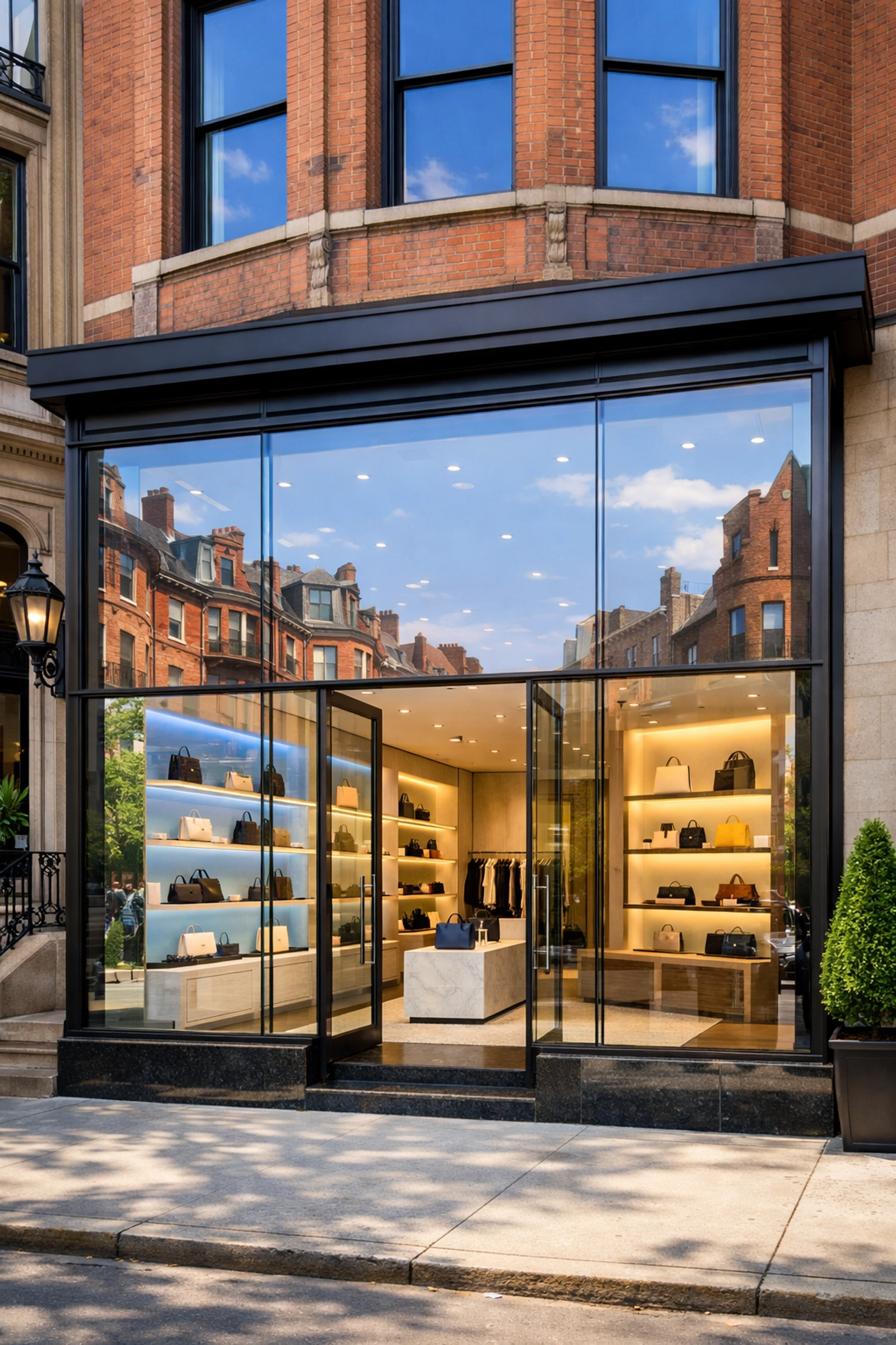 Pristine Boston boutique storefront with sparkling clean windows reflecting historic architecture.