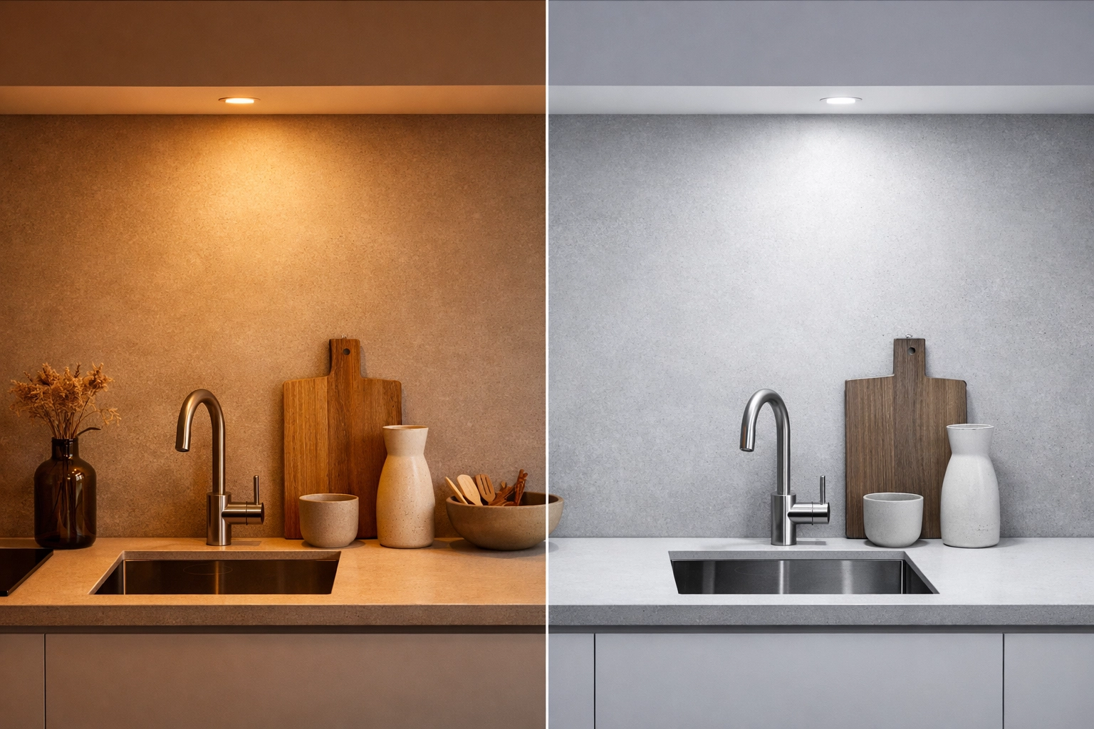 Comparison of 3000K warm and 4000K neutral white LED lighting on a modern kitchen counter.