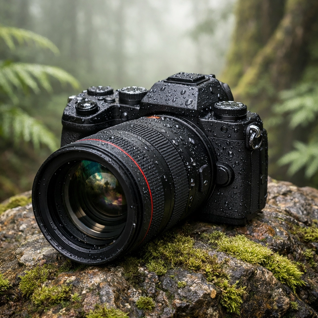 Weather-sealed mirrorless camera on a mossy rock in a forest, highlighting durable gear for travel photographers.